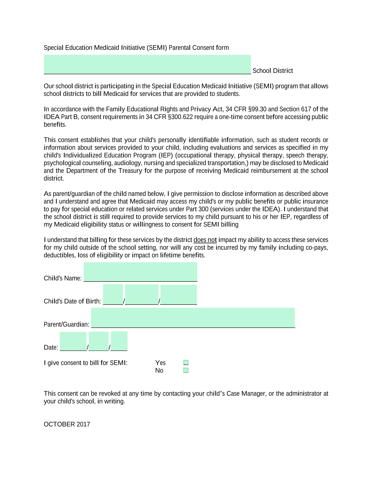 Special Education Medicaid Initiative (SEMI) Parental Consent Form screenshot