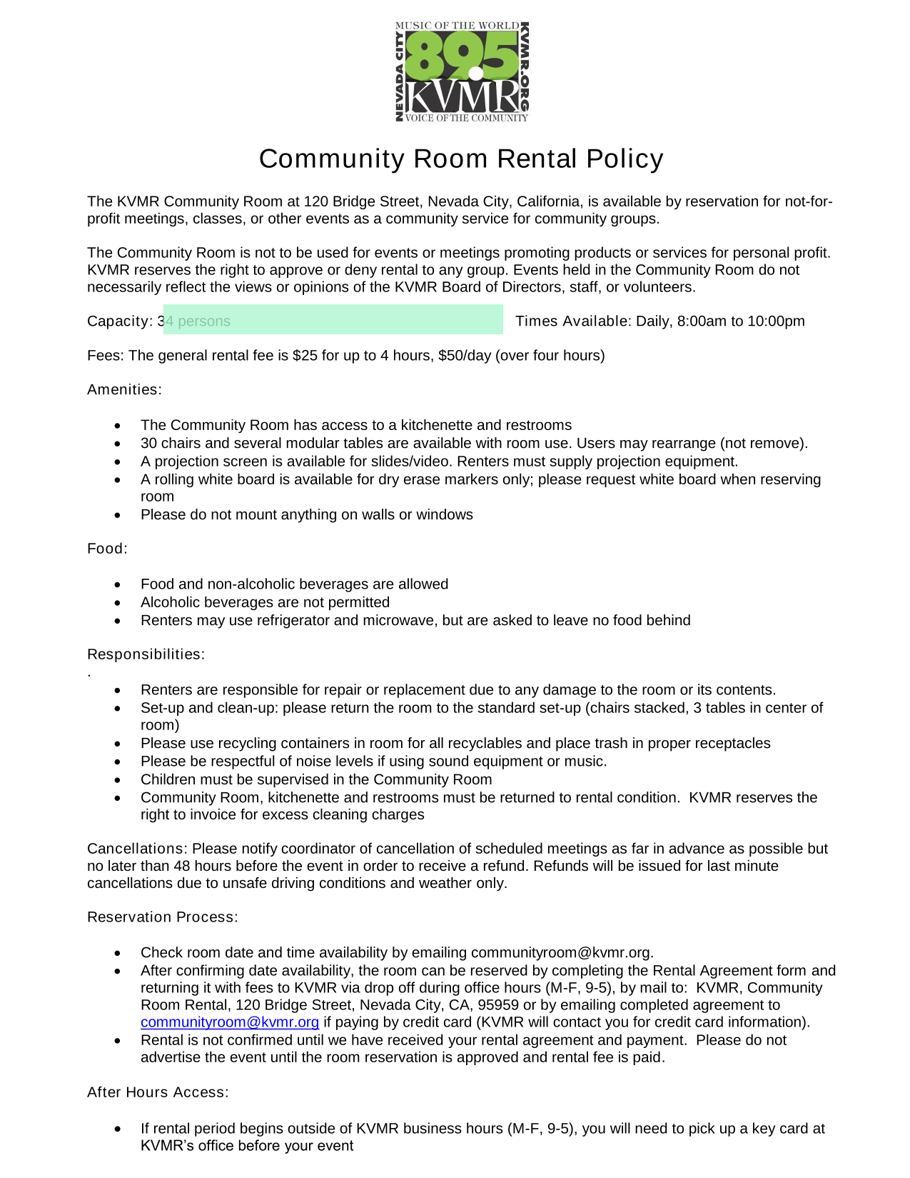 Community Room Rental Policy screenshot