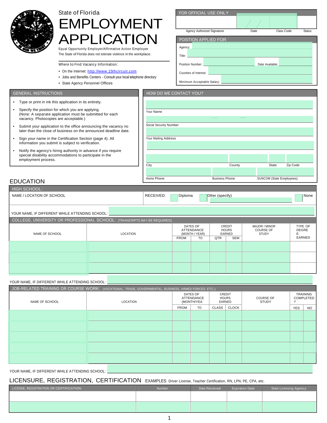 State Of Florida Employment Application screenshot