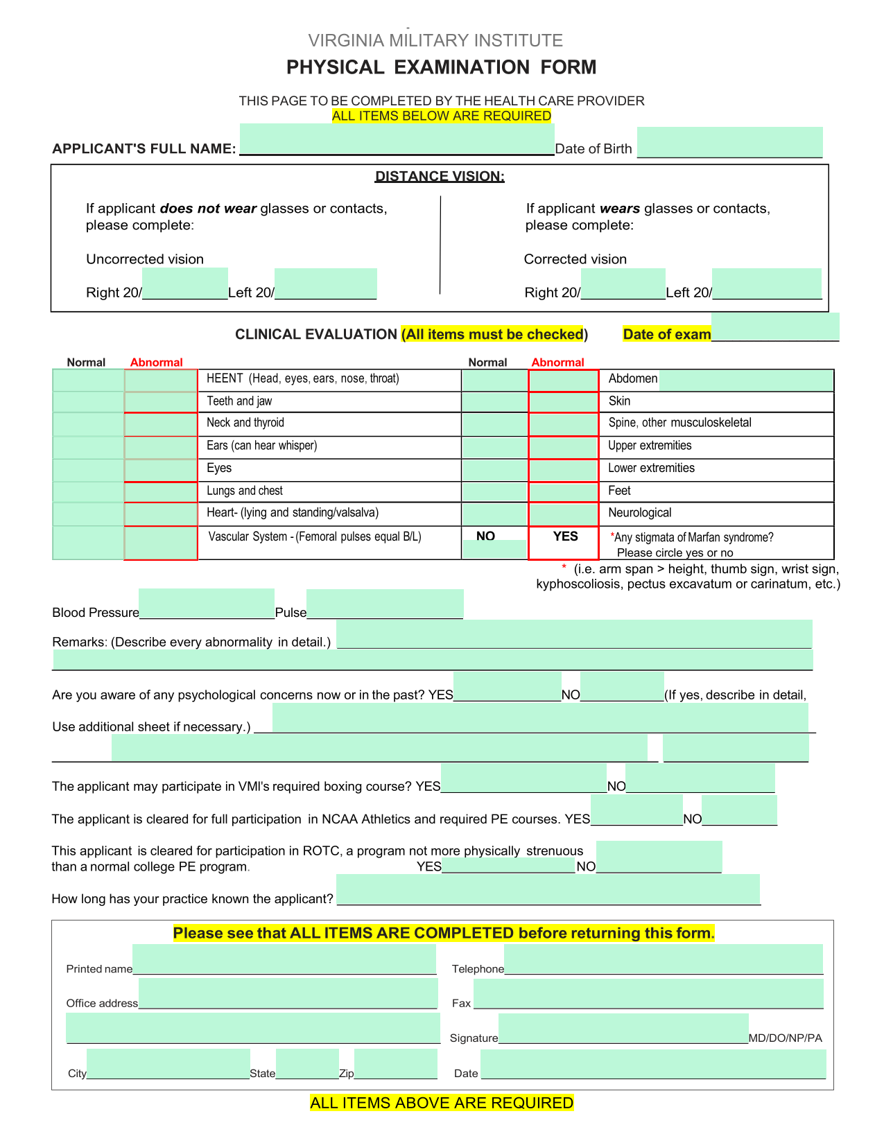 Physical Examination Form screenshot