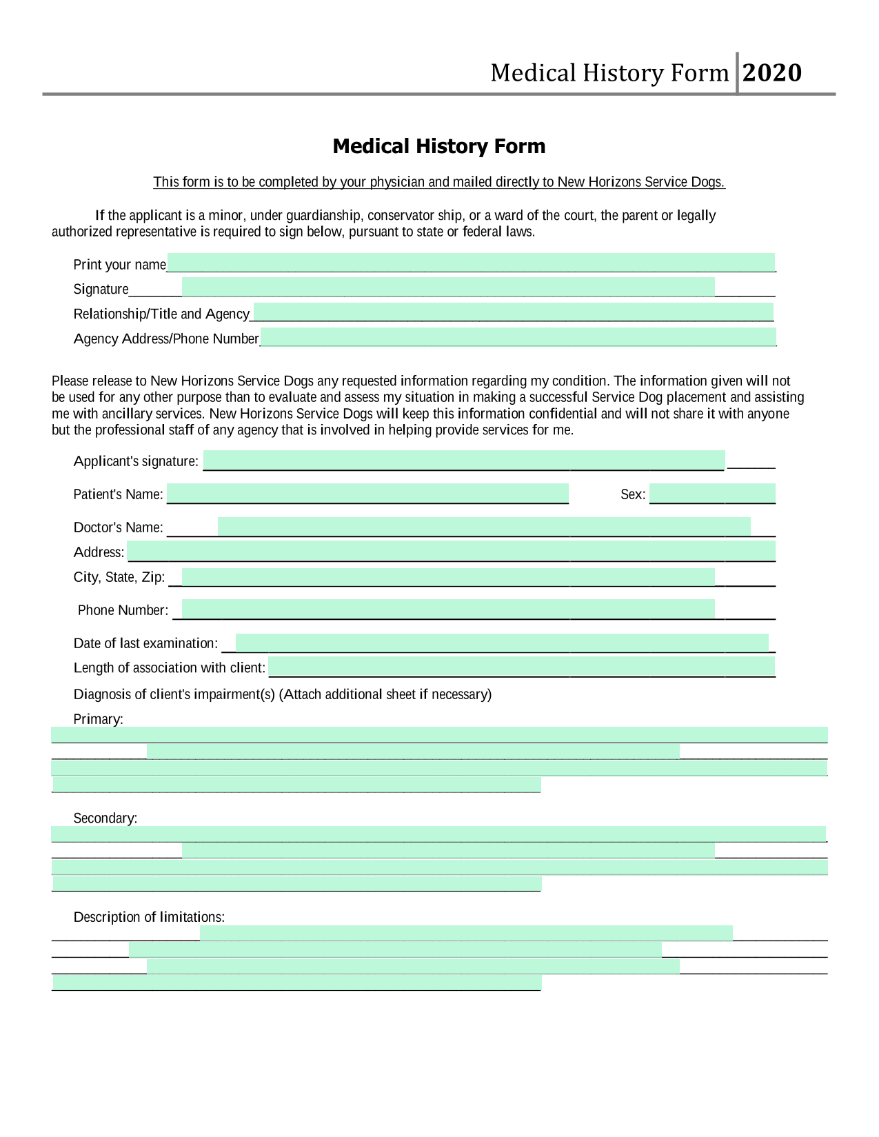 Medical History Form screenshot