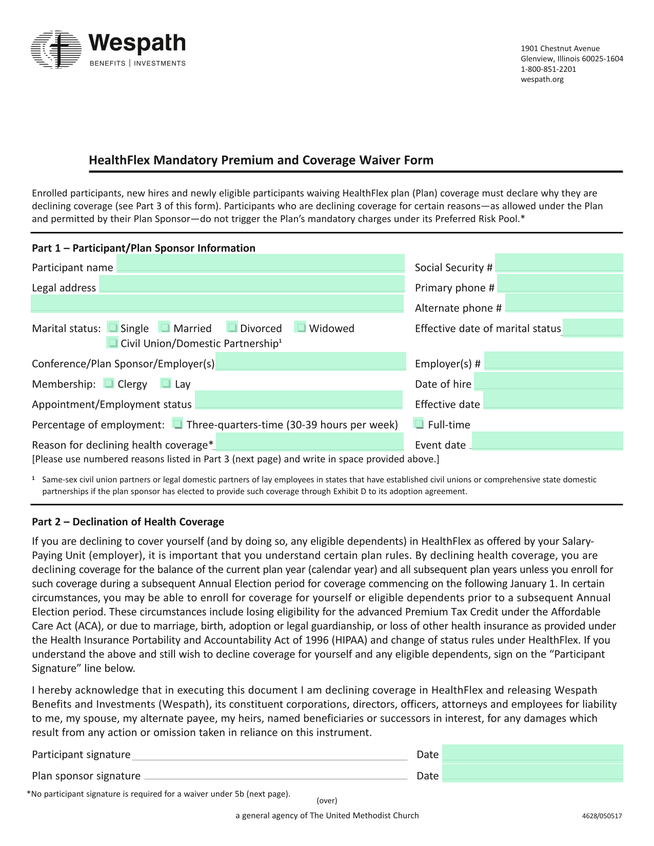 HealthFlex Mandatory Premium And Coverage Waiver Form screenshot