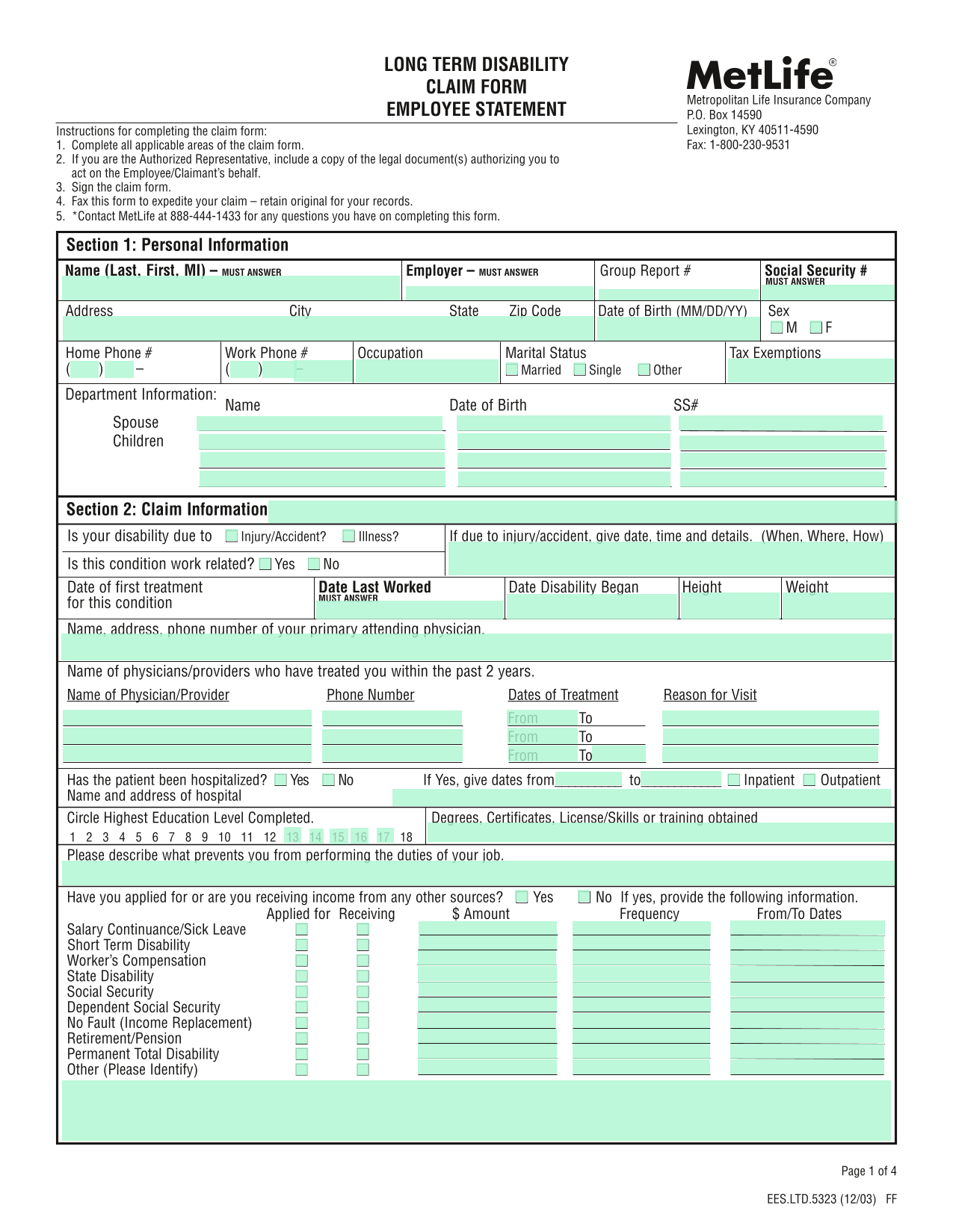 Long Term Disability Claim Form screenshot