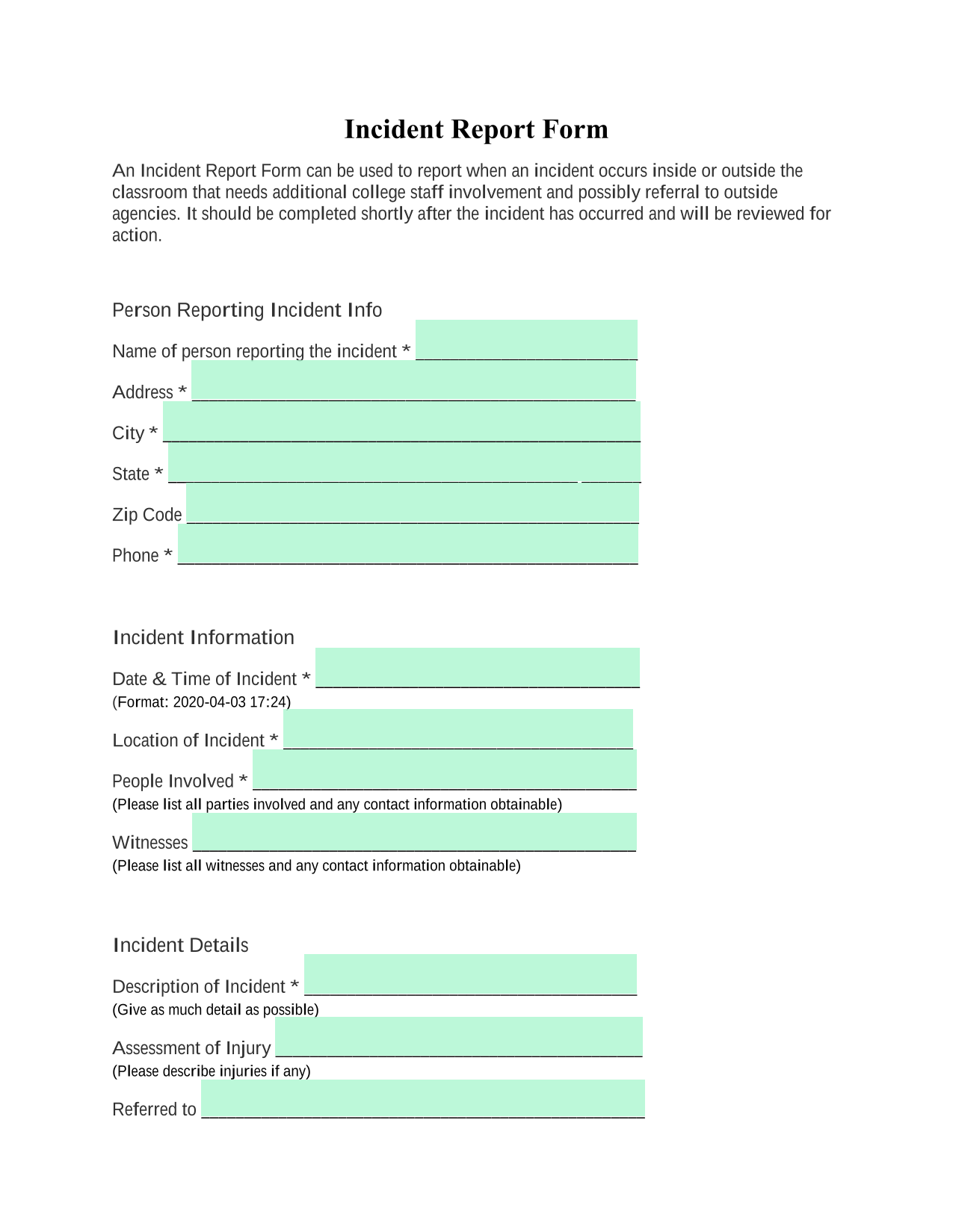 Incident Report Form screenshot