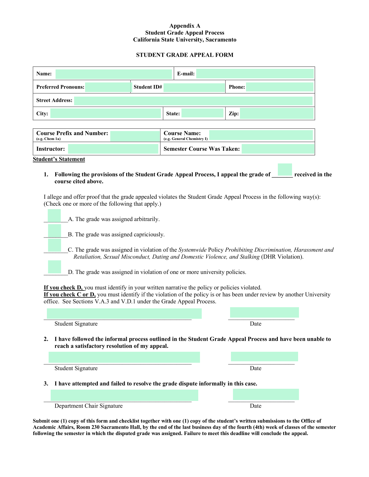 Student Grade Appeal Form screenshot