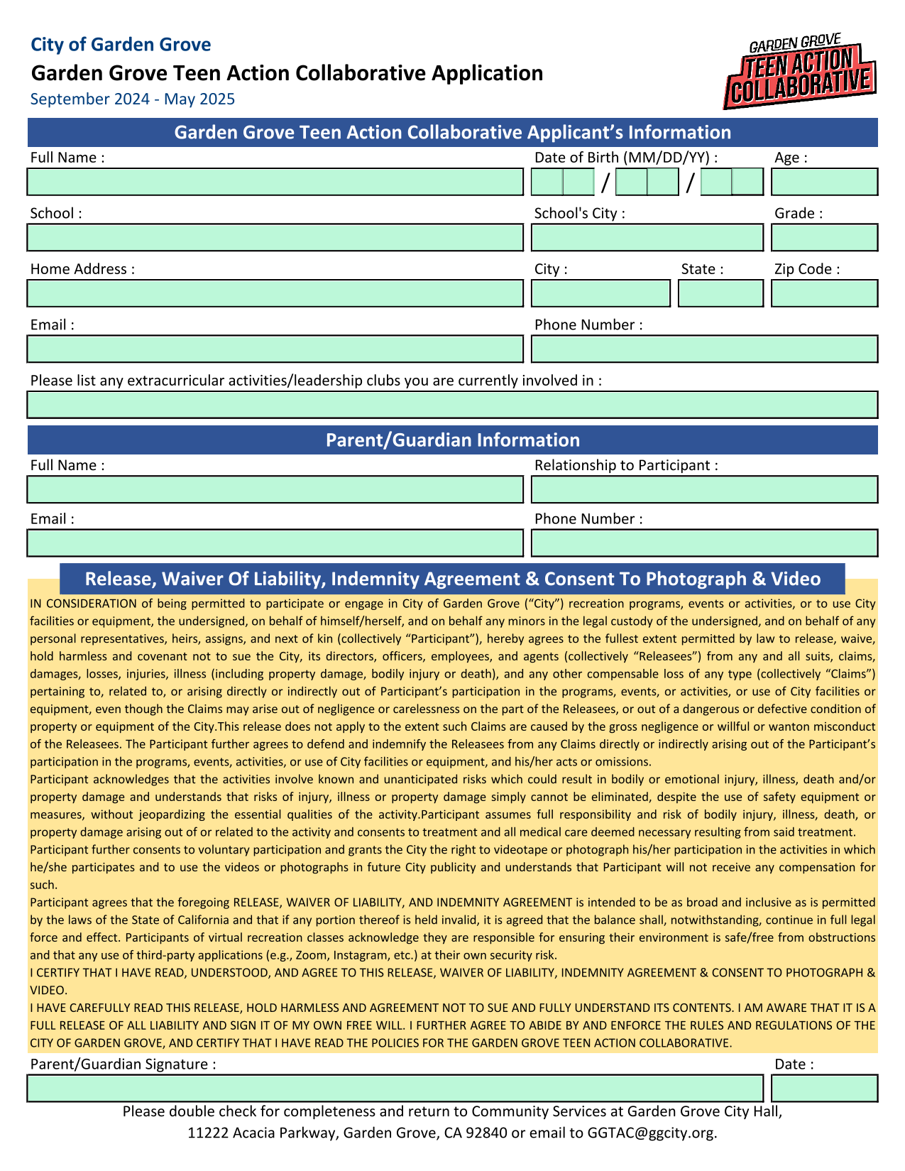 Garden Grove Teen Action Collaborative ApplicantS Information screenshot