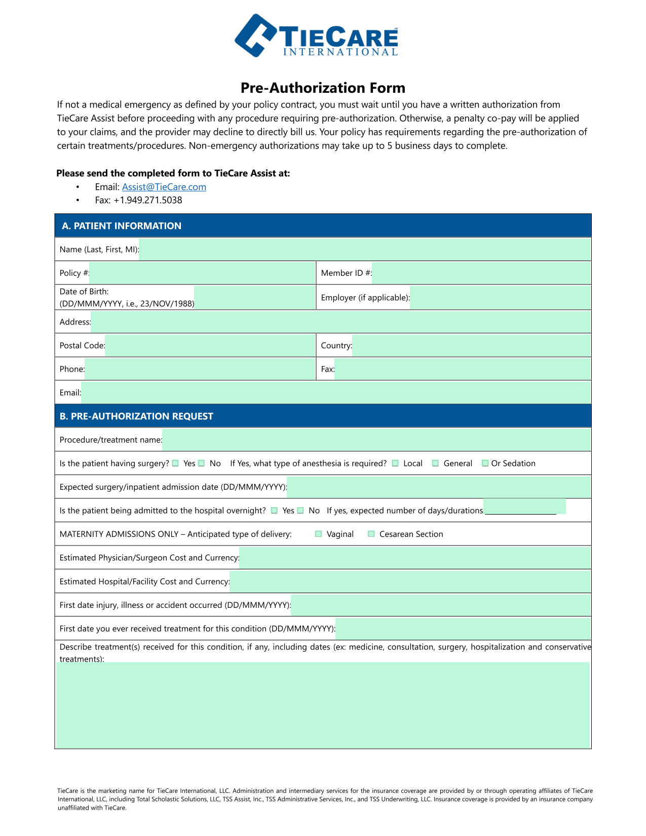 Pre Authorization Form screenshot