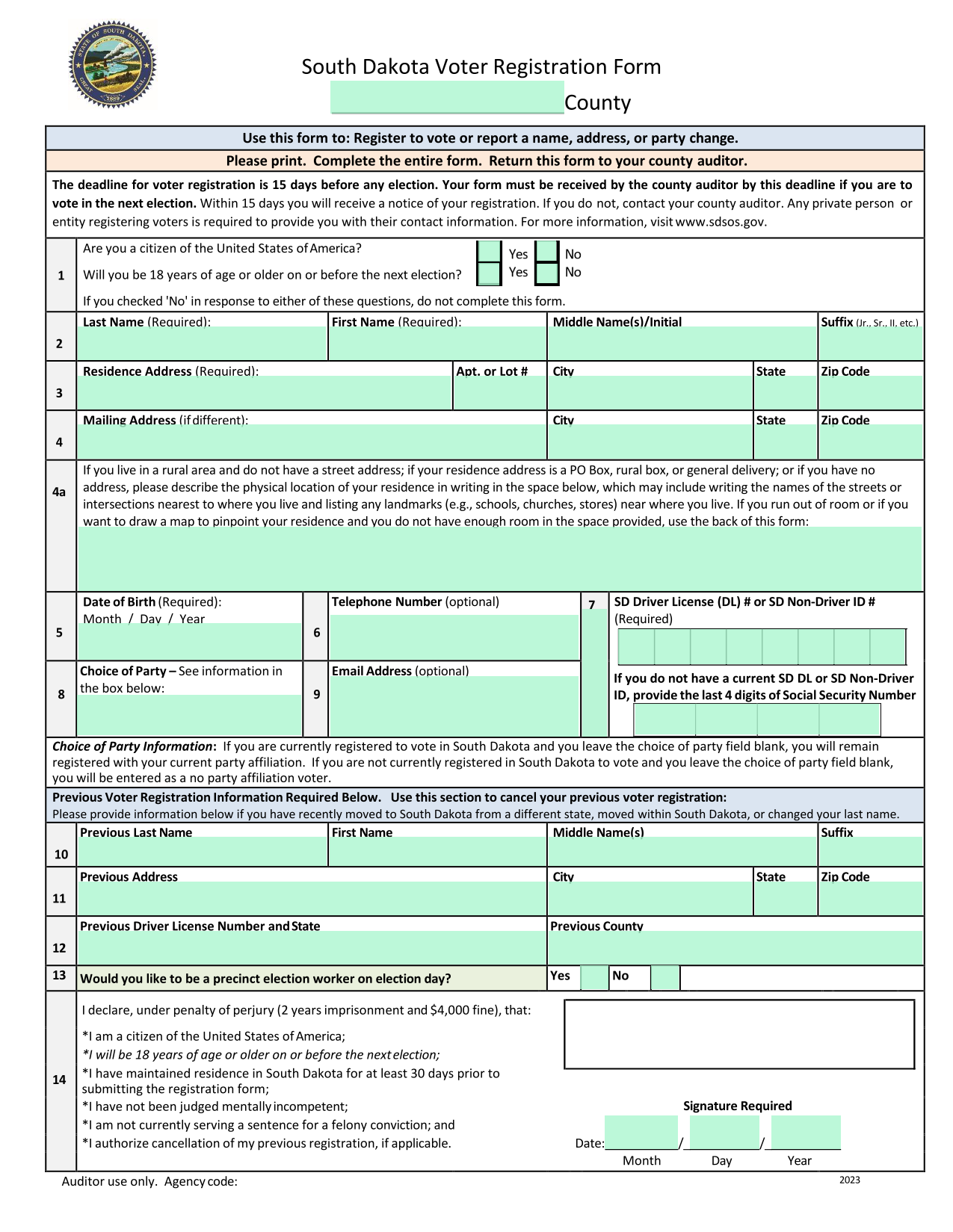 South Dakota Voter Registration Form screenshot