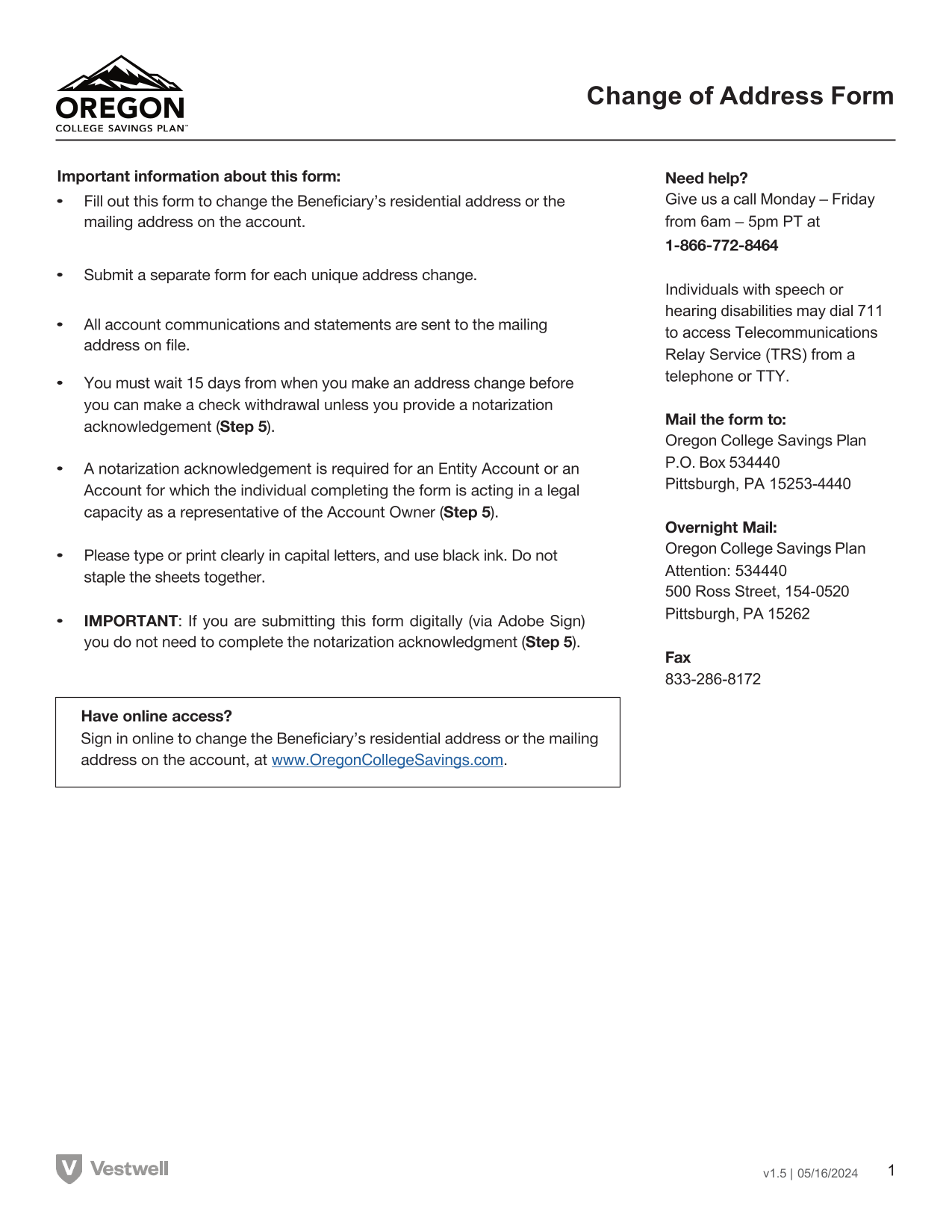 Change Of Address Form screenshot