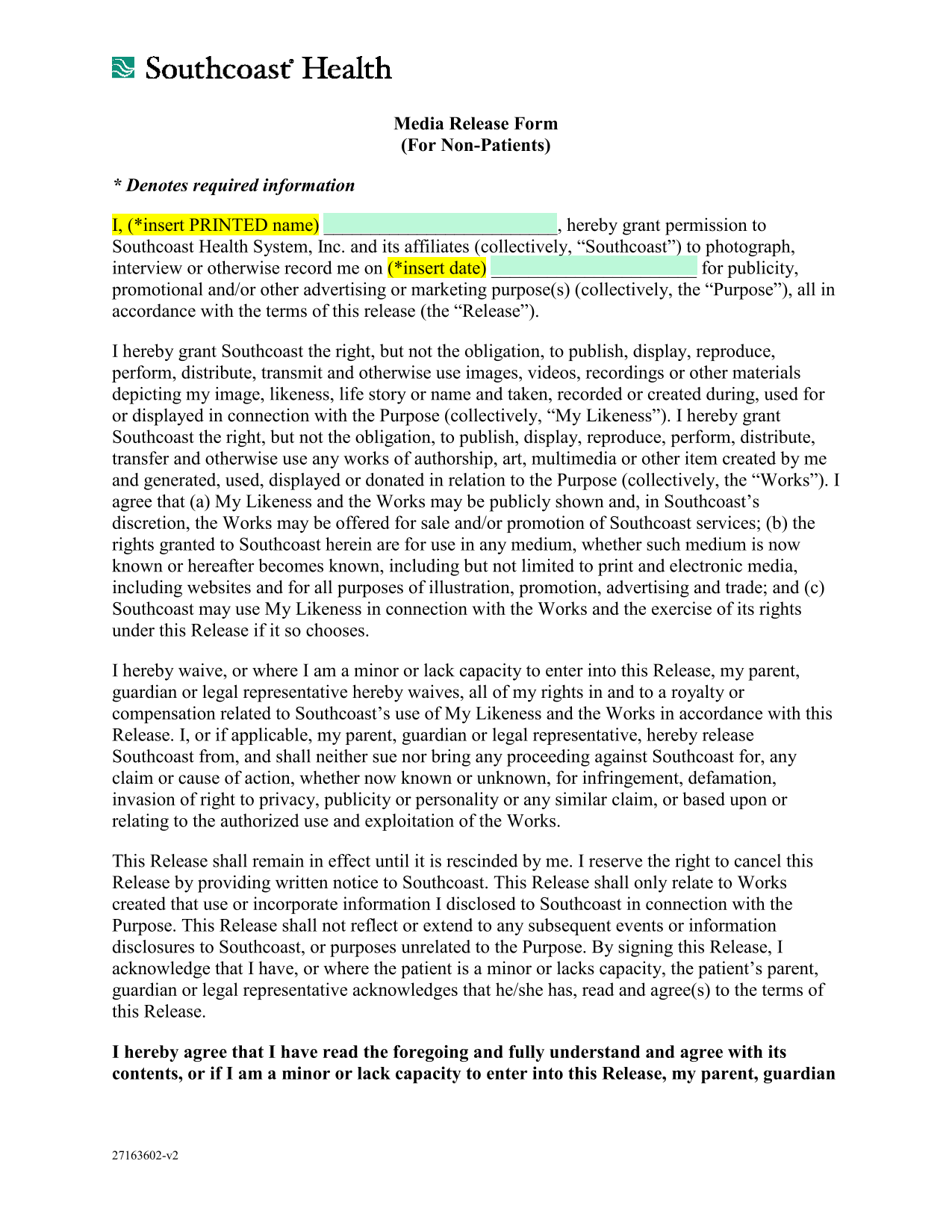 Media Release Form (For Non Patients) screenshot