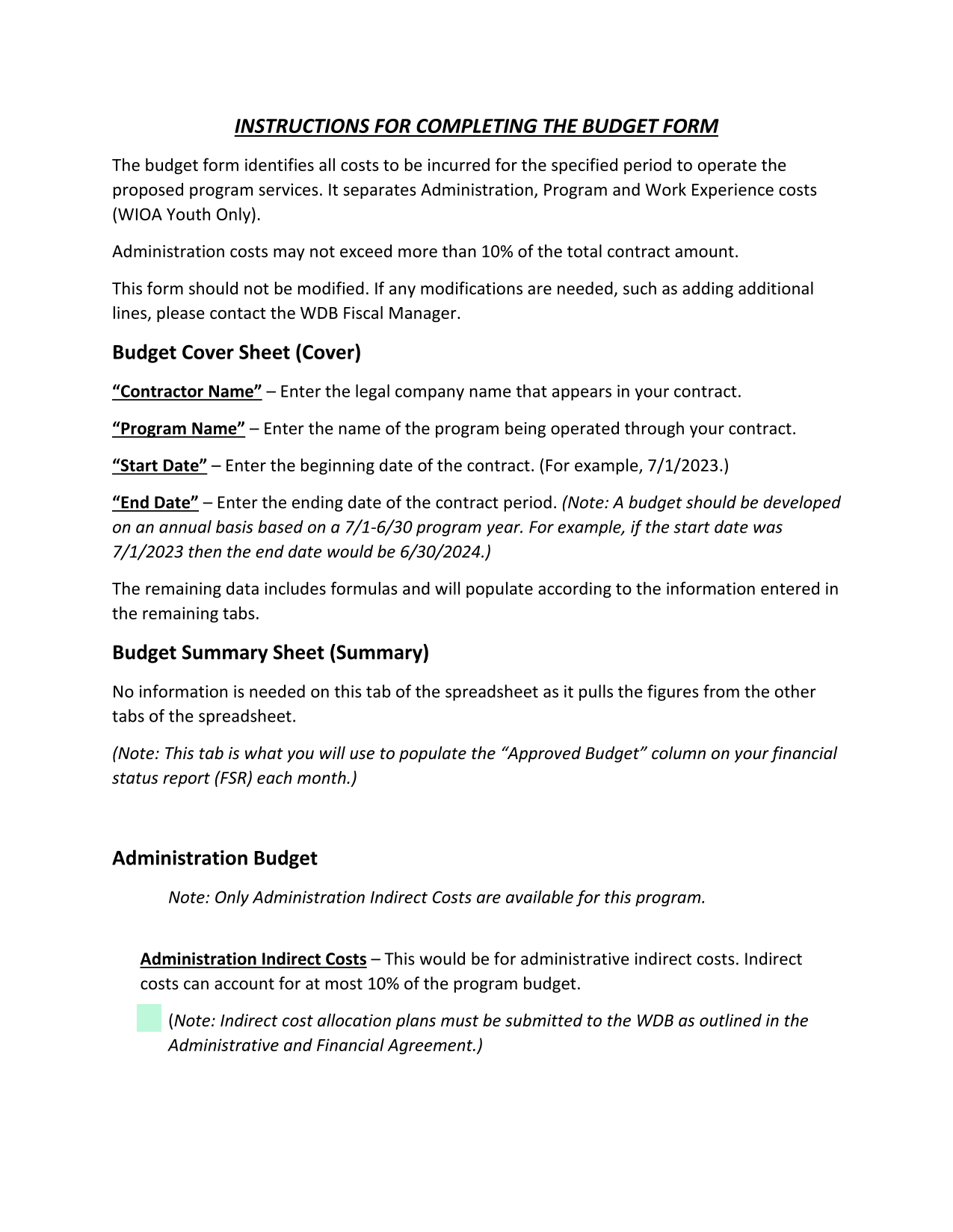 Budget Form Instructions screenshot