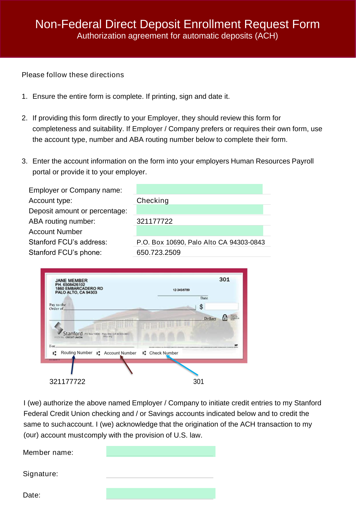 Non Federal Direct Deposit Enrollment Request Form screenshot