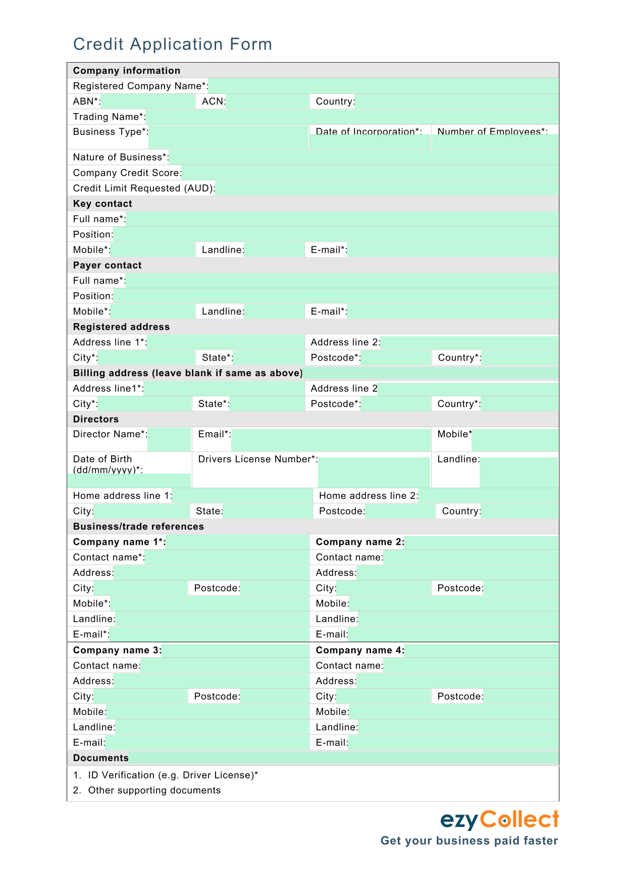 Credit Application Form screenshot
