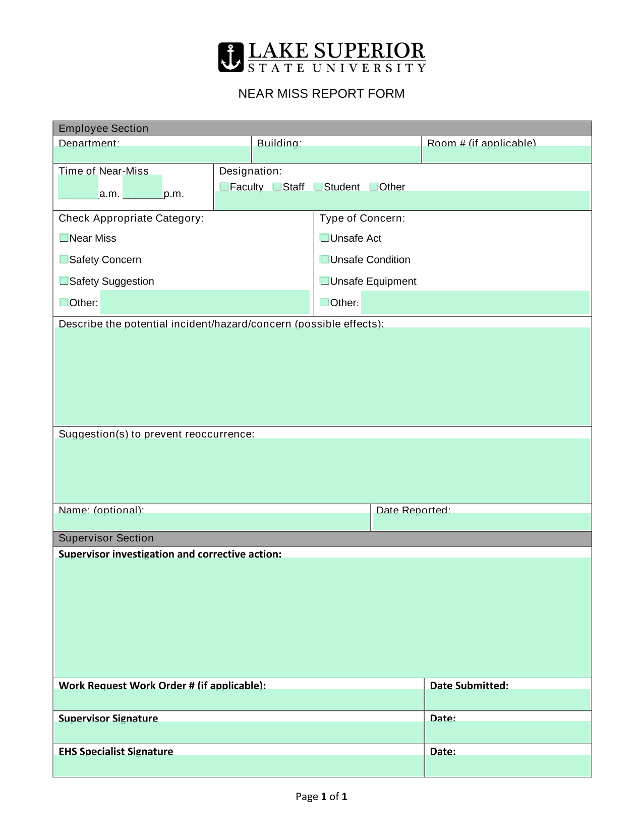 Near Miss Report Form screenshot