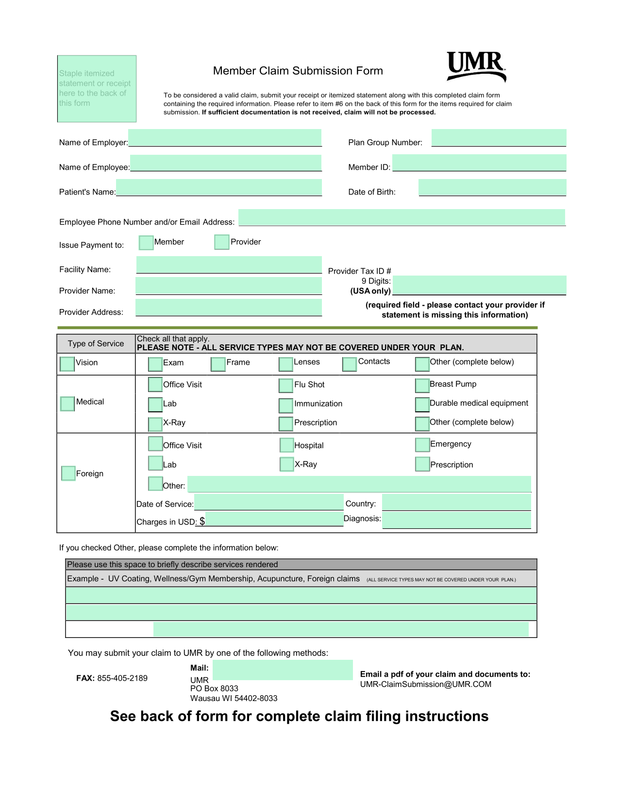Member Claim Submission Form screenshot