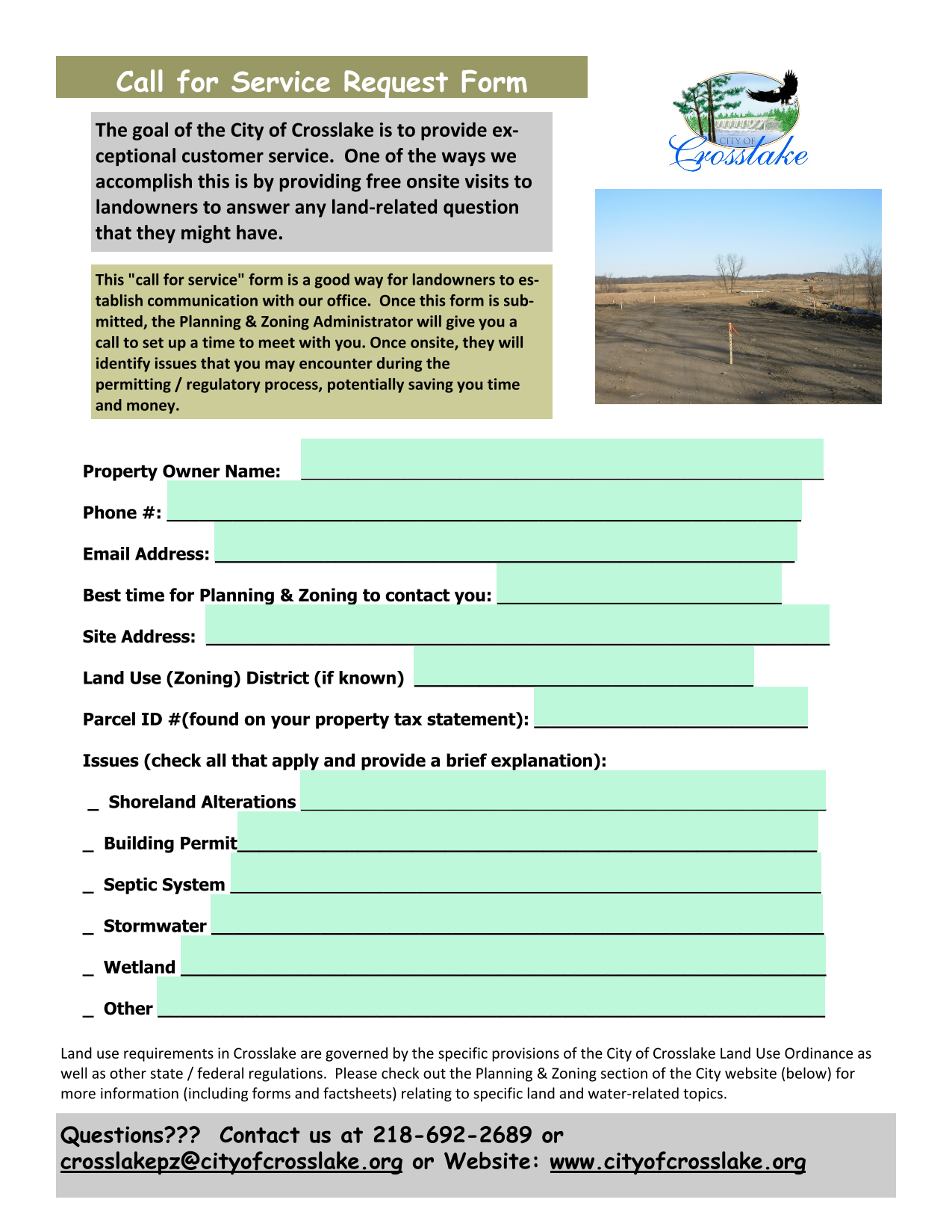 Call For Service Request Form screenshot