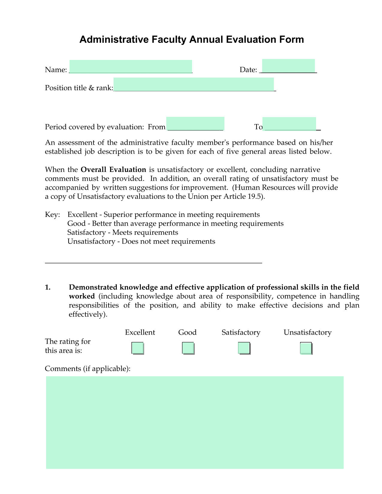 Administrative Faculty Annual Evaluation Form screenshot