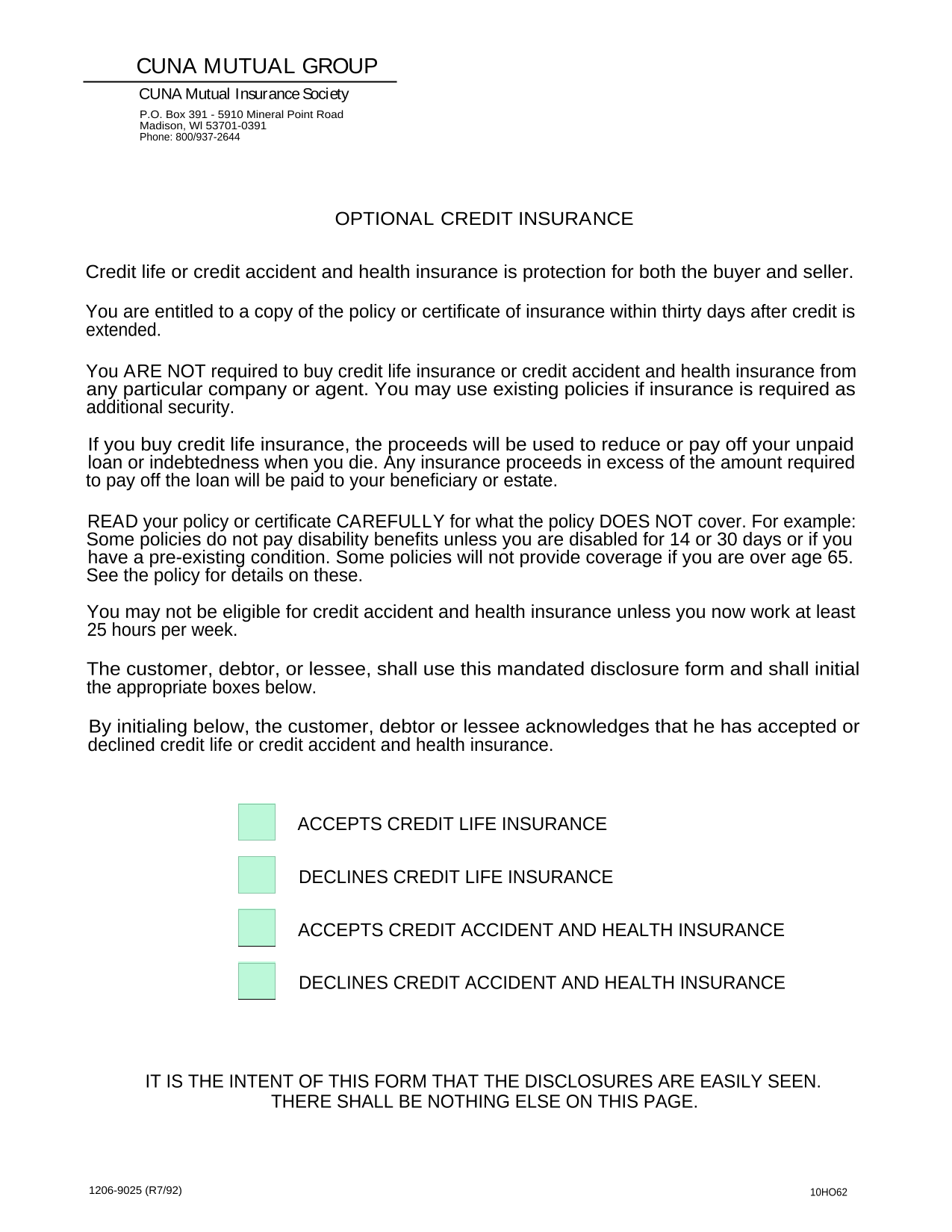 Optional Credit Insurance Form screenshot