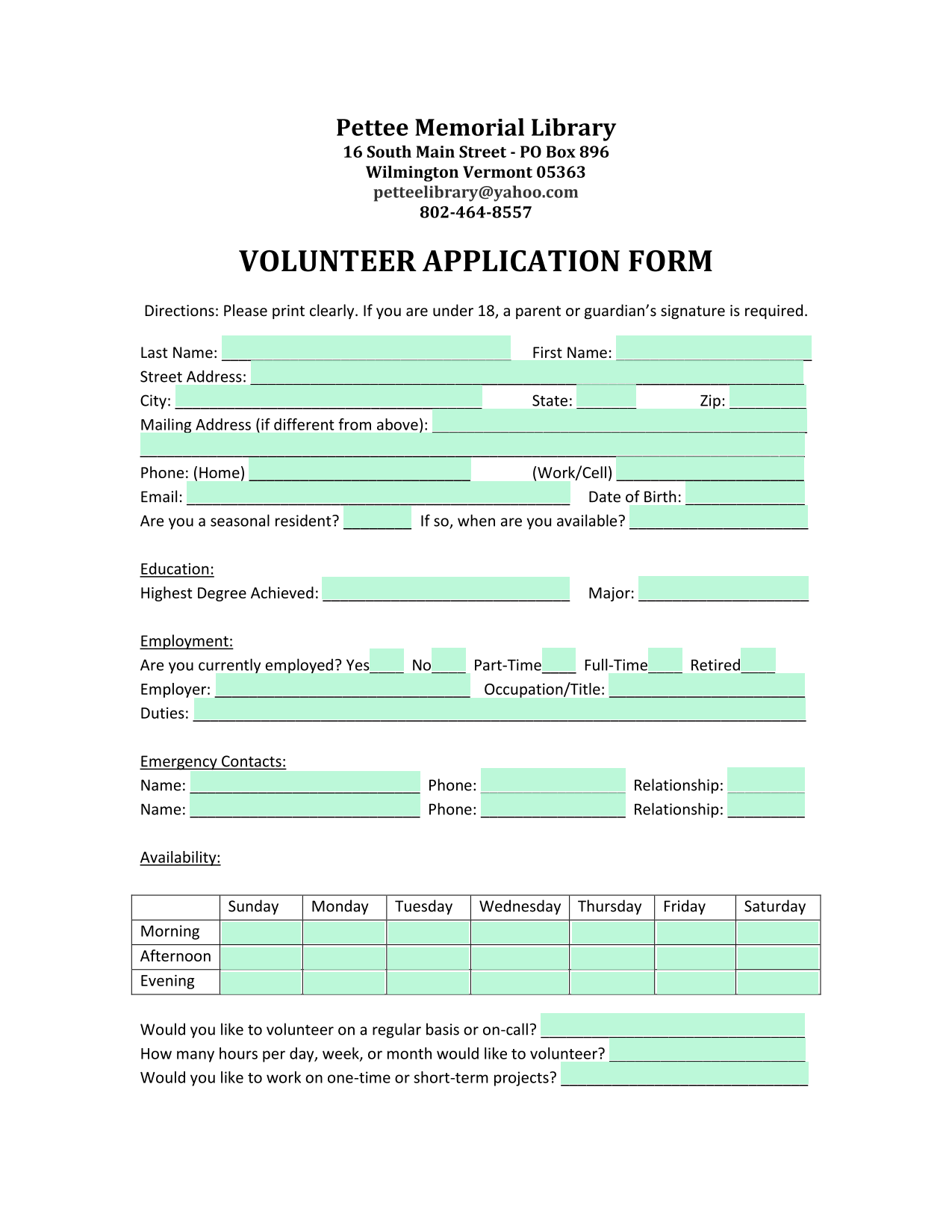 Volunteer Application Form screenshot