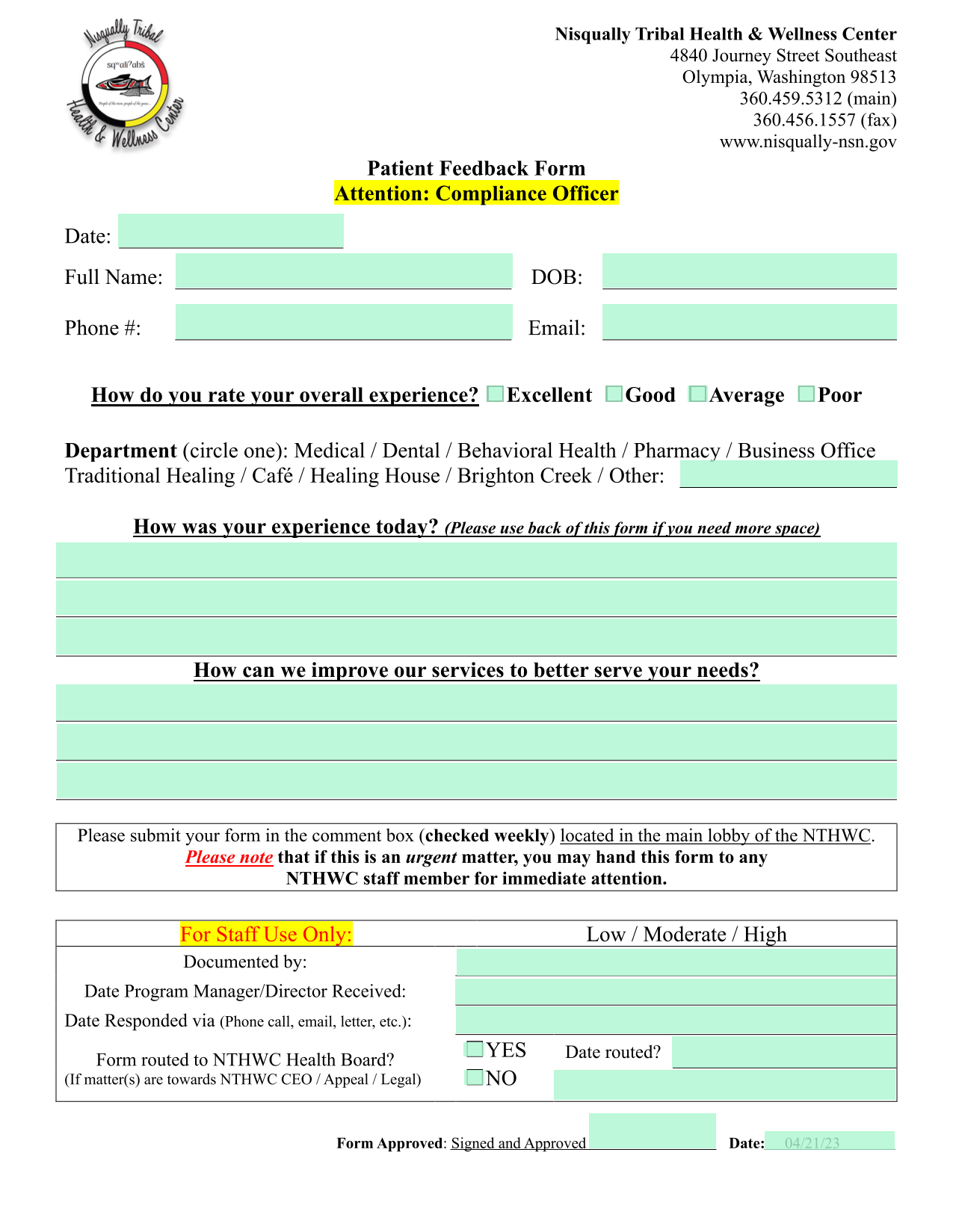 Patient Feedback Form screenshot