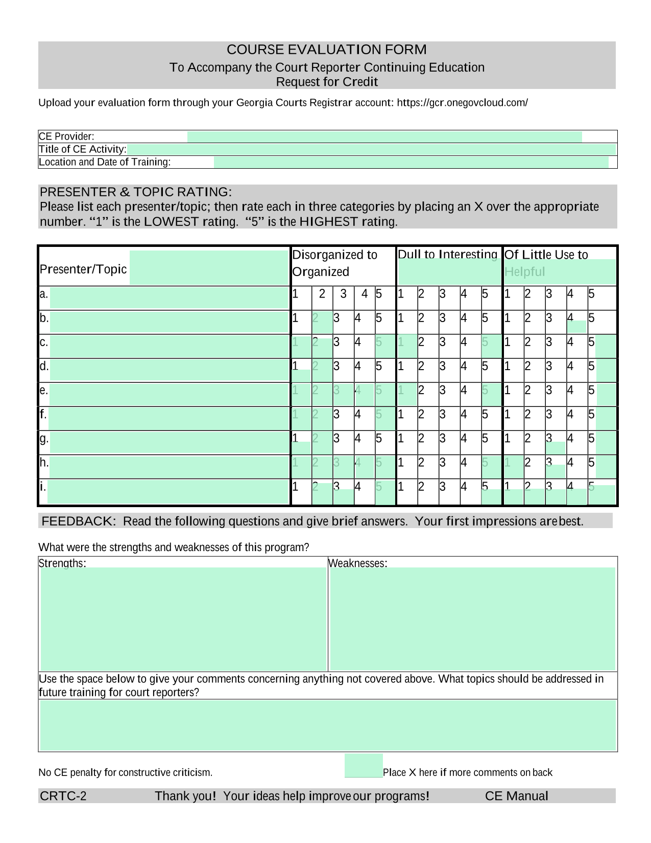 Course Evaluation Form screenshot