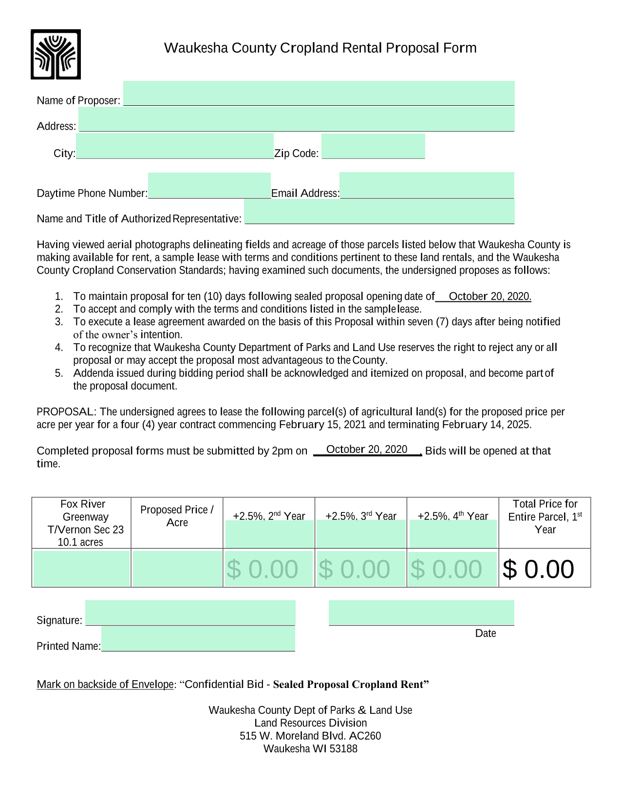 Waukesha County Cropland Rental Proposal Form screenshot