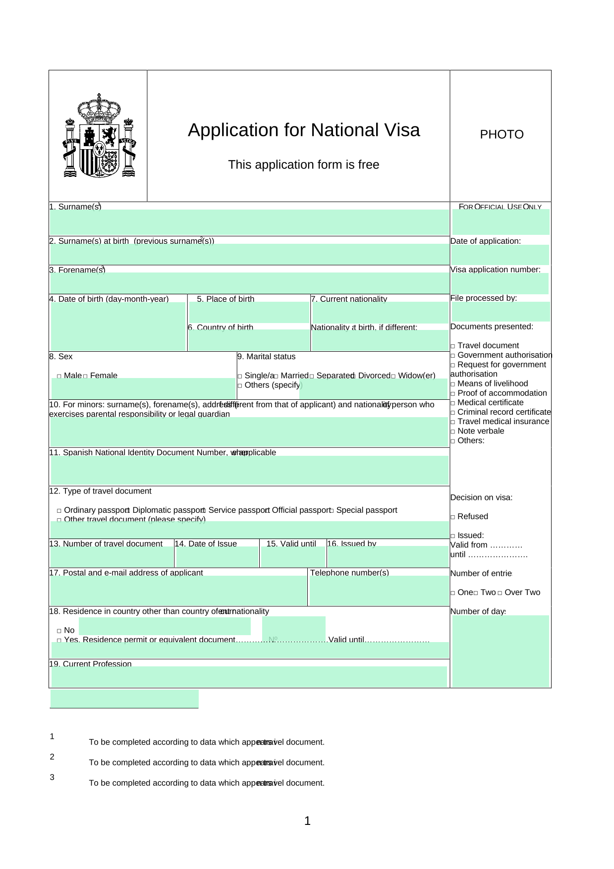 Application For National Visa screenshot