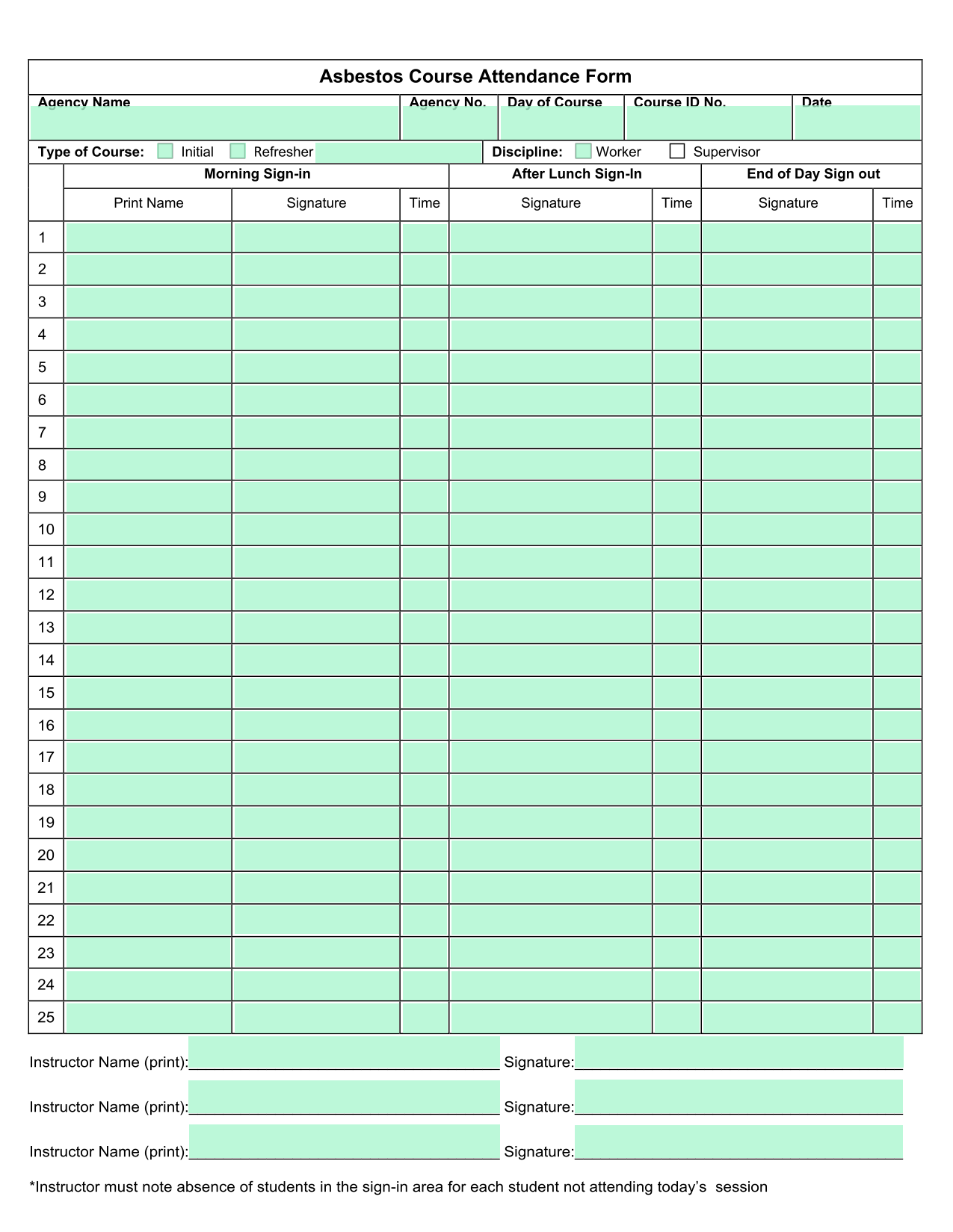 Asbestos Course Attendance Form screenshot