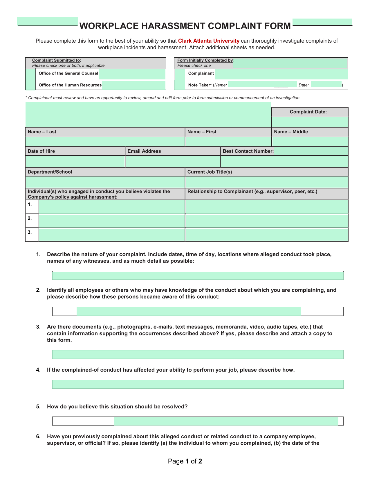 Workplace Harassment Complaint Form screenshot