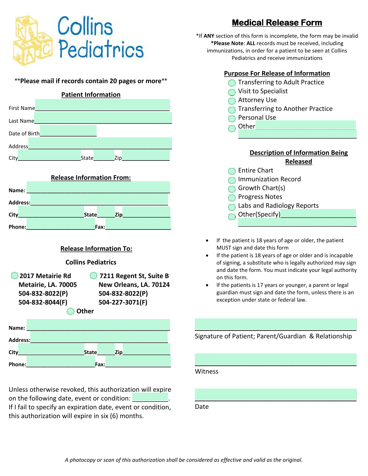 Medical Release Form screenshot