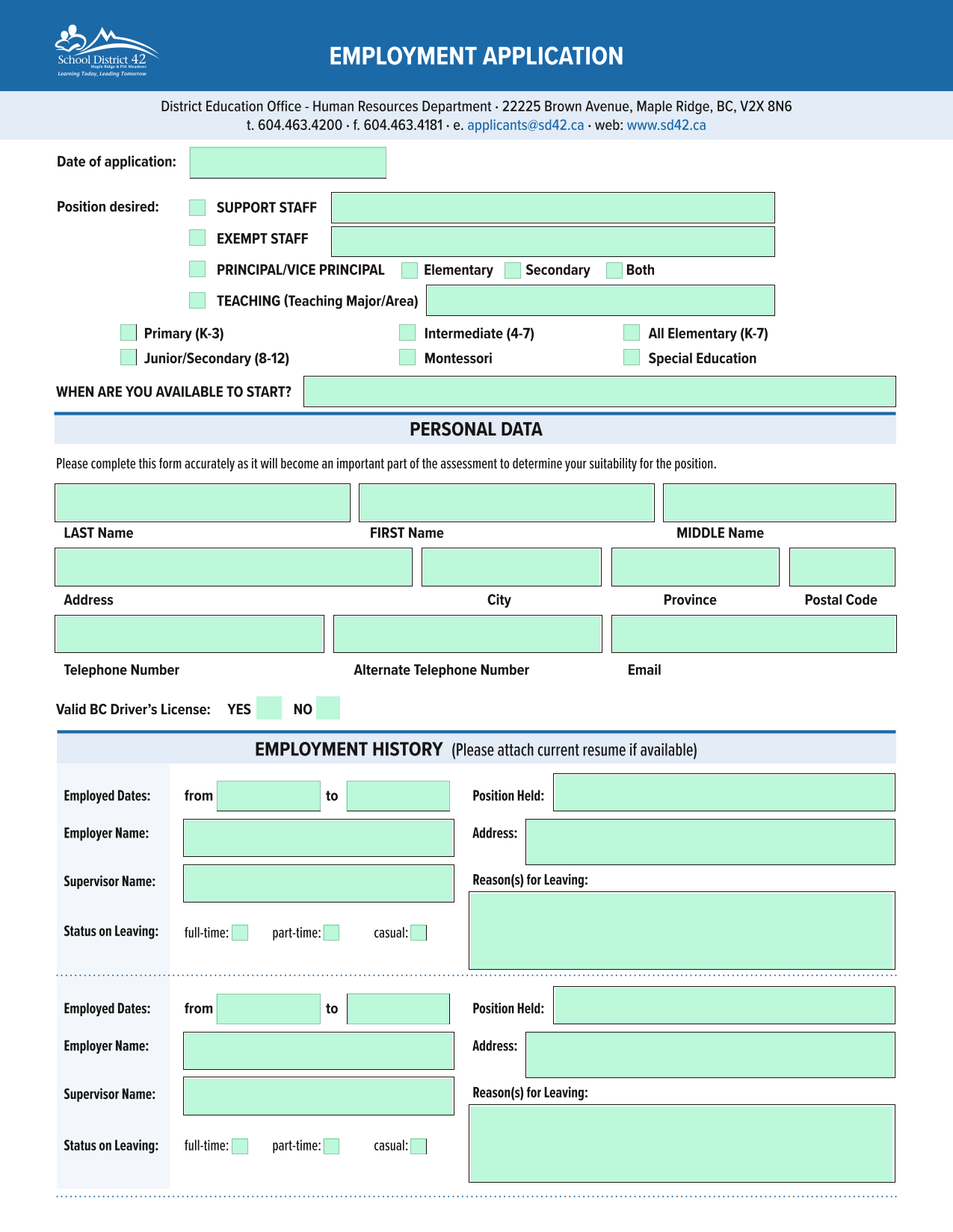 Employment Application screenshot