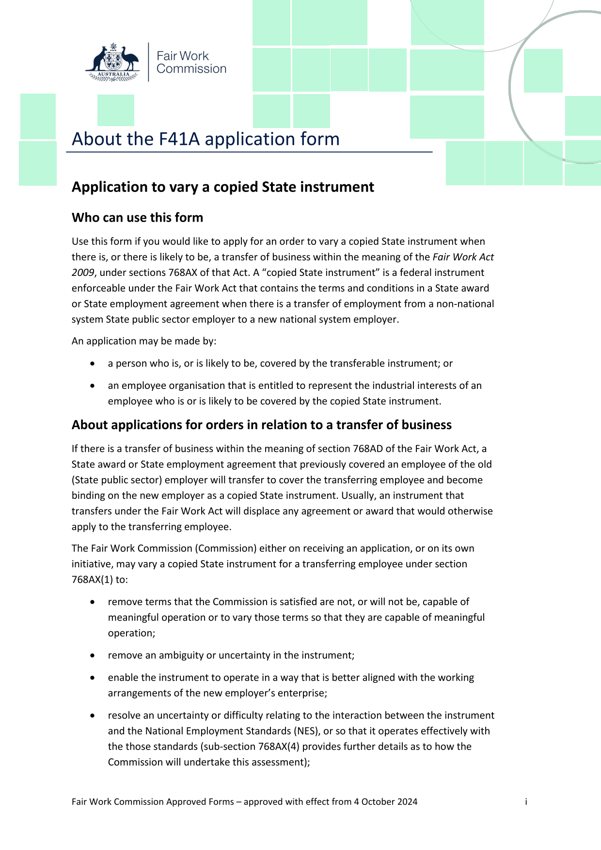 F41A Application Form   Application To Vary A Copied State Instrument screenshot