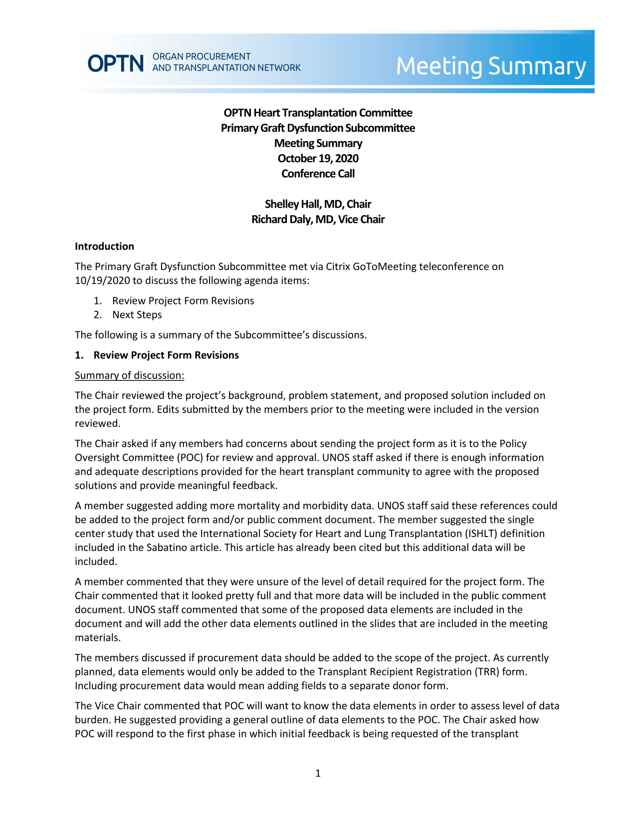 OPTN Heart Transplantation Committee Primary Graft Dysfunction Subcommittee Meeting Summary screenshot