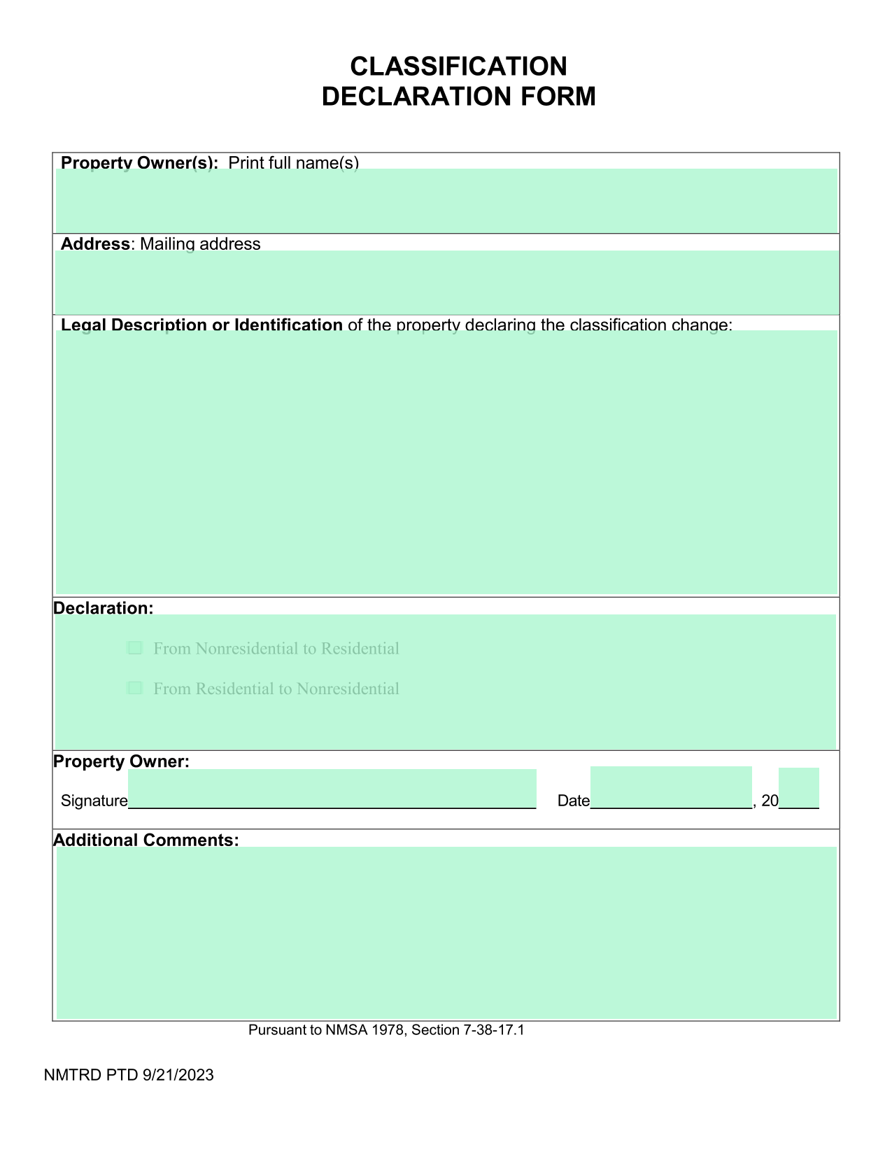 Classification Declaration Form screenshot