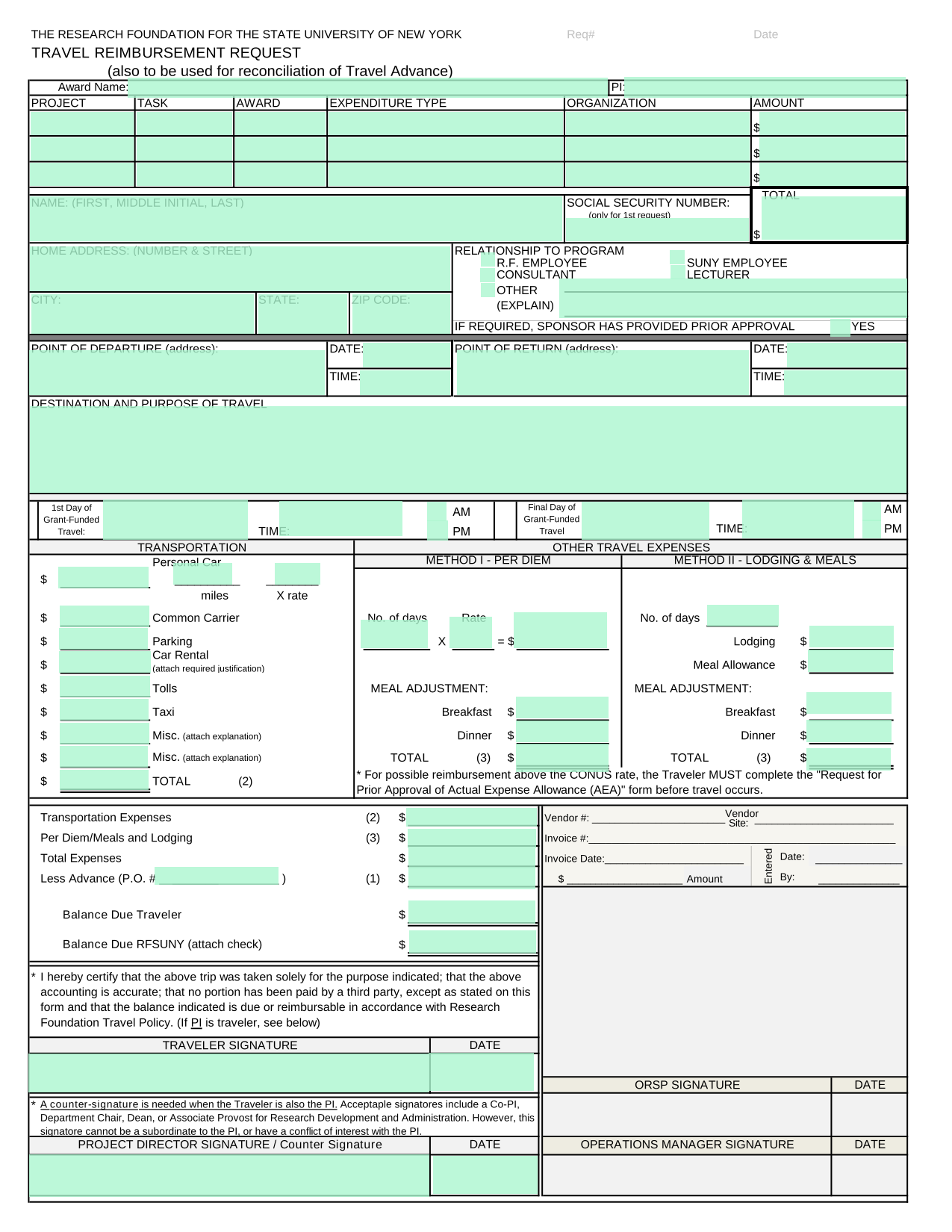 Travel Expense Reimbursement Form screenshot