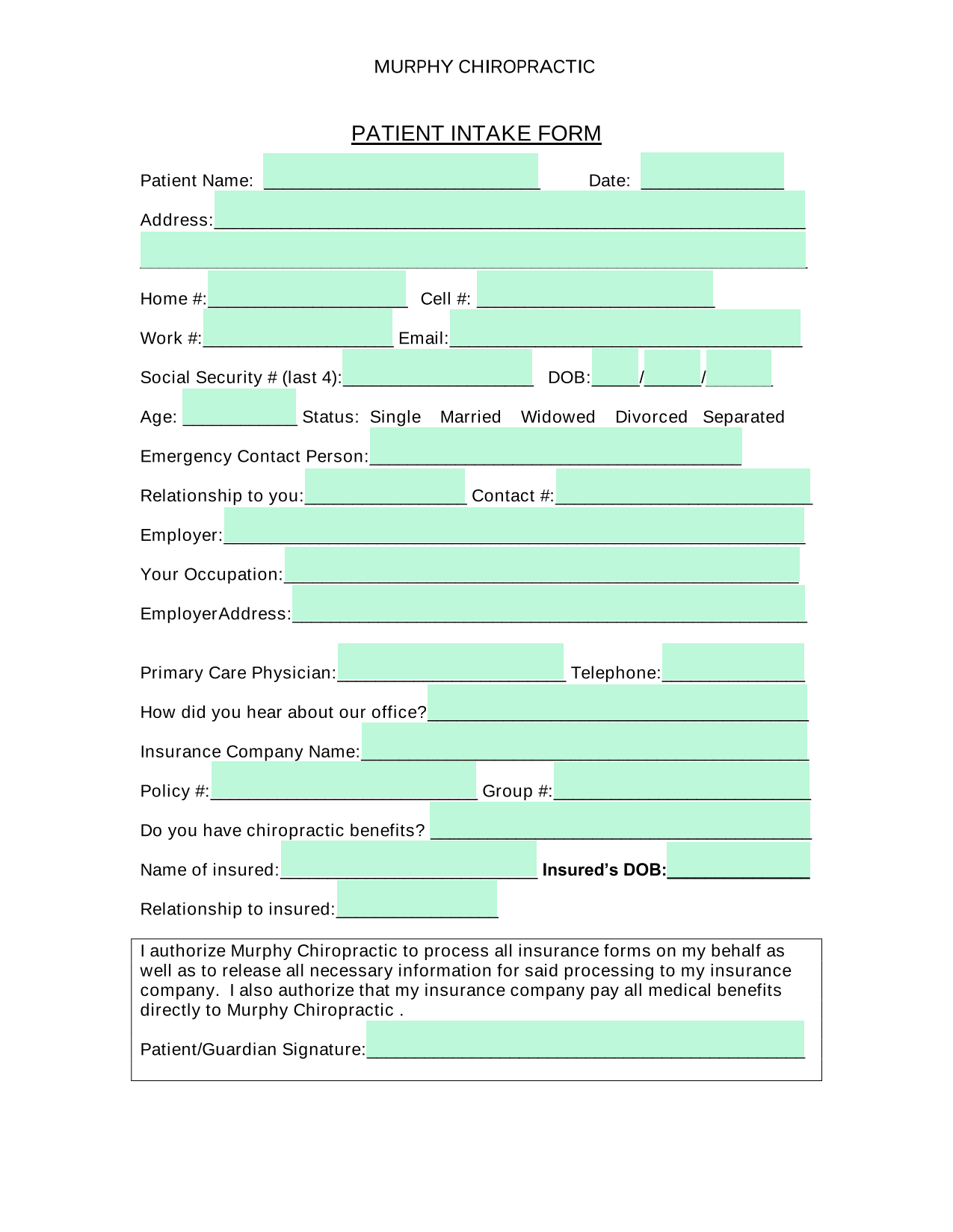 PATIENT INTAKE FORM screenshot