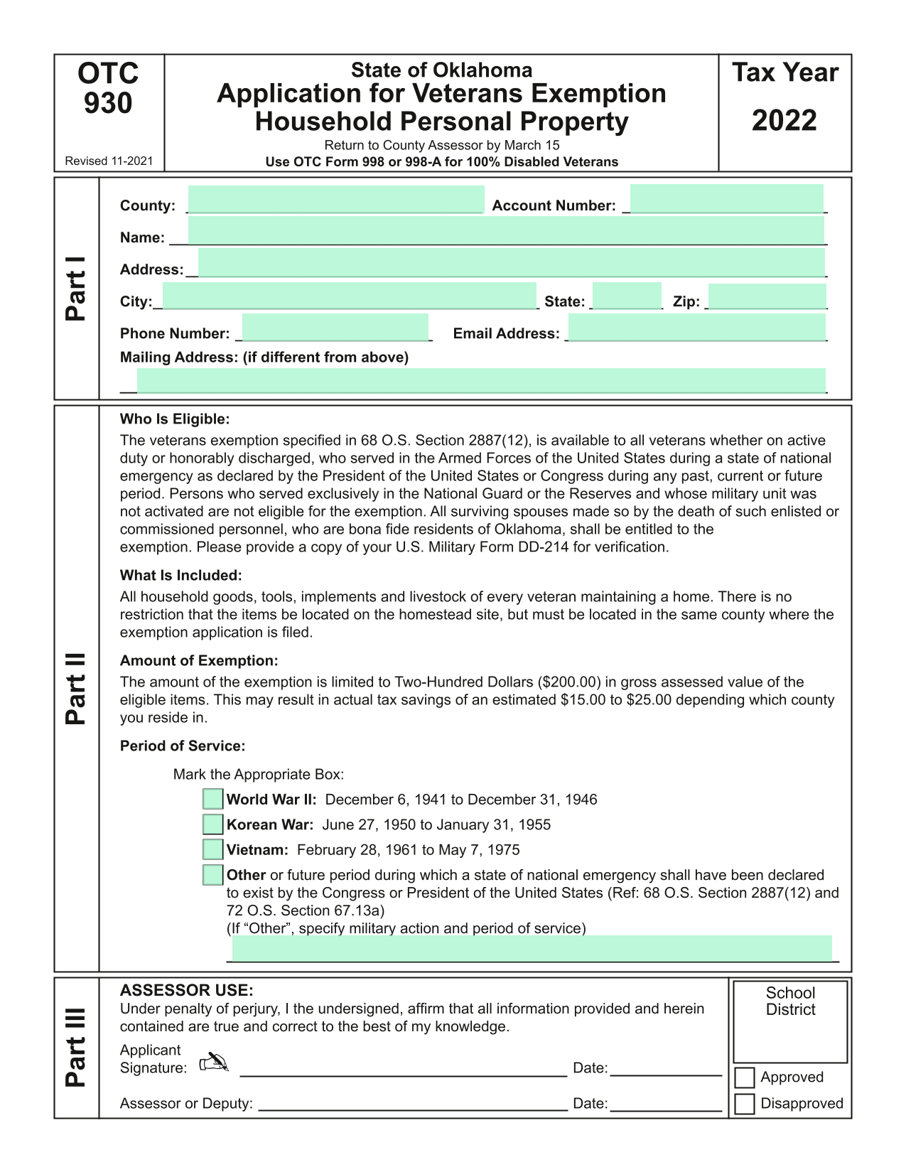 Application For Veterans Exemption screenshot