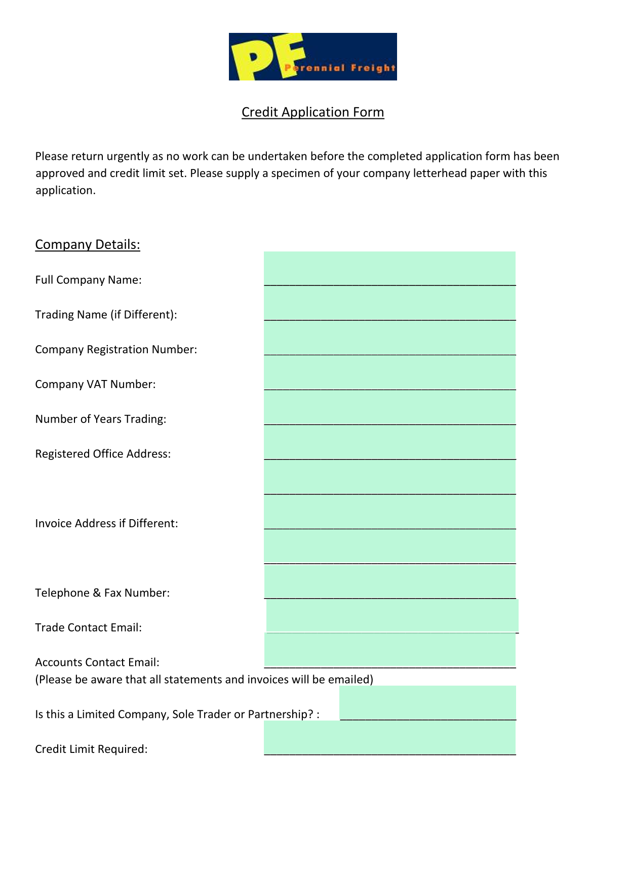 Credit Application Form screenshot