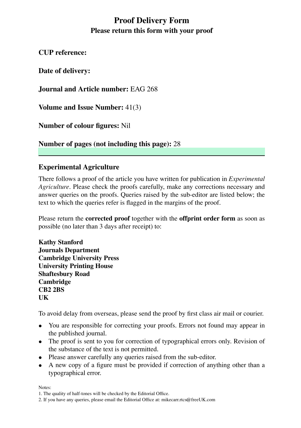 Proof Delivery Form screenshot