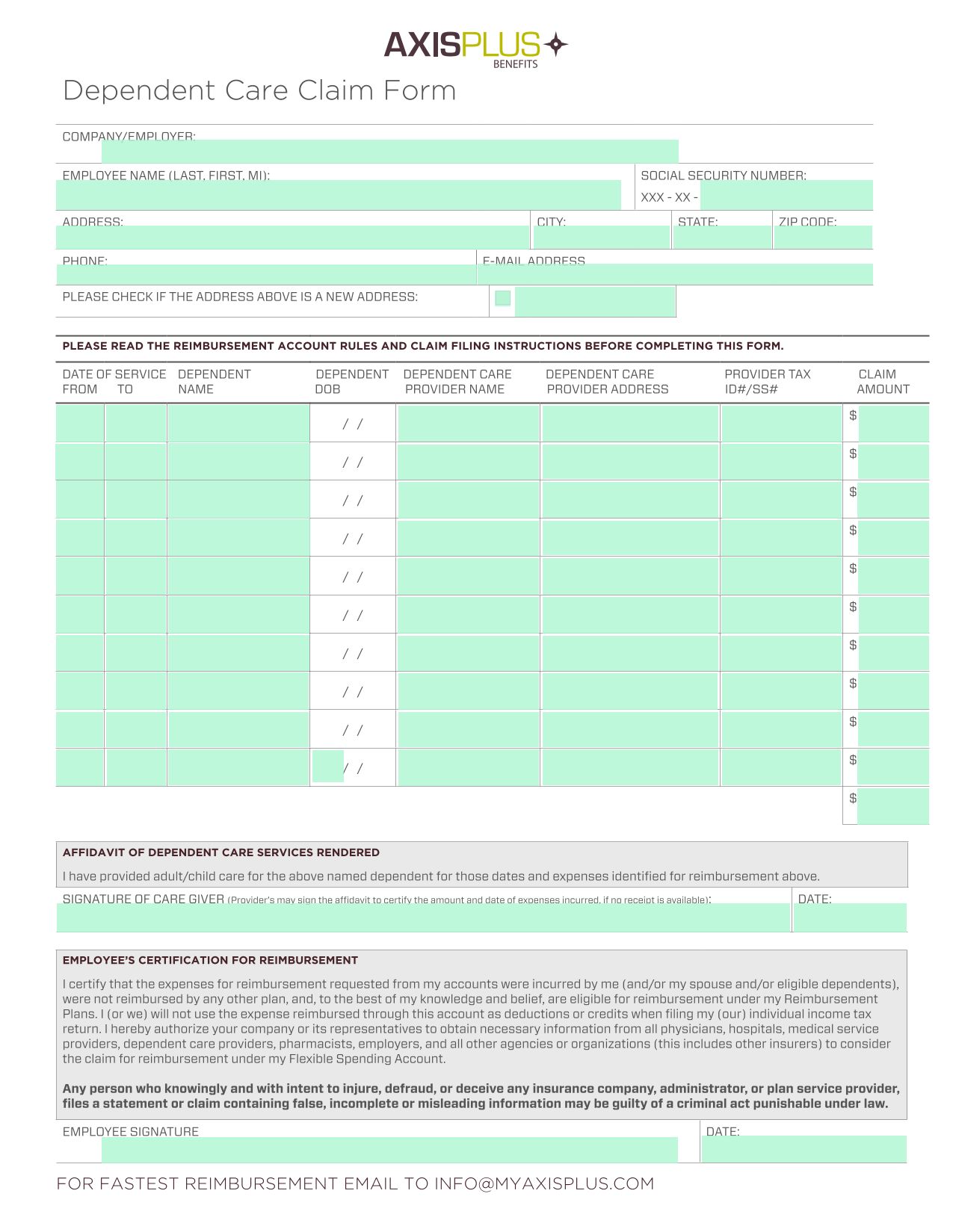 Dependent Care Claim Form screenshot