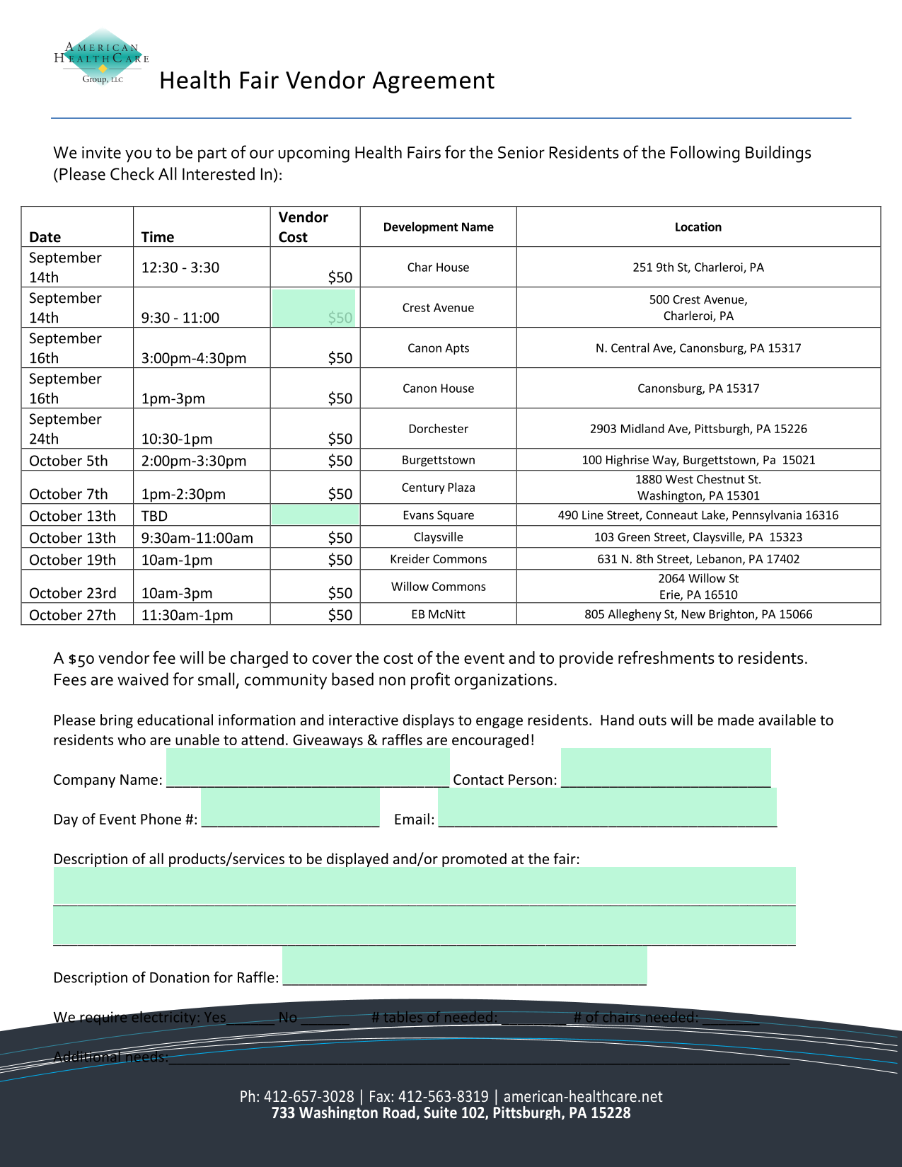 Health Fair Vendor Agreement screenshot