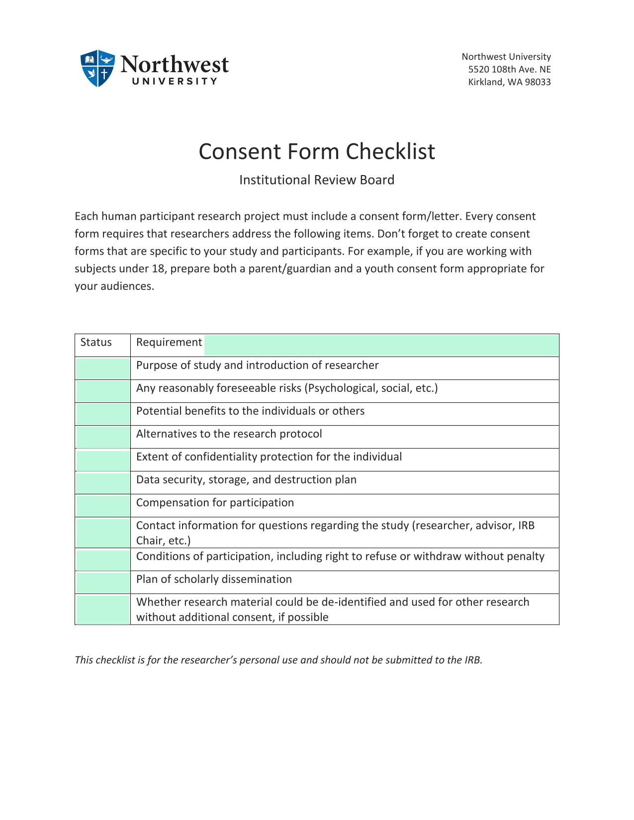 Consent Form Checklist screenshot