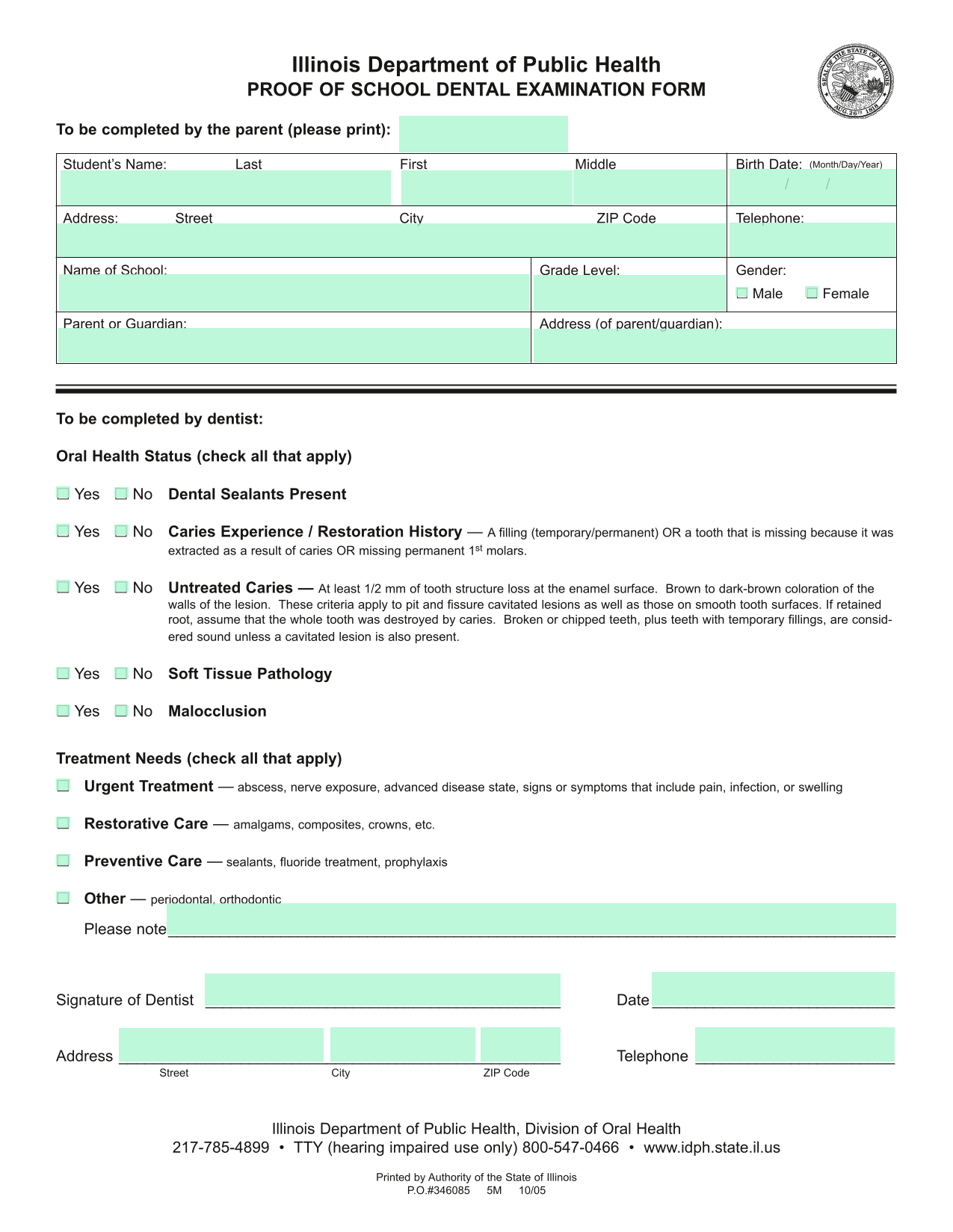 Proof Of School Dental Examination Form screenshot