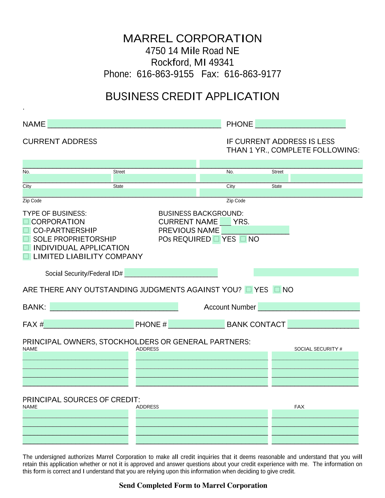 BUSINESS CREDIT APPLICATION screenshot