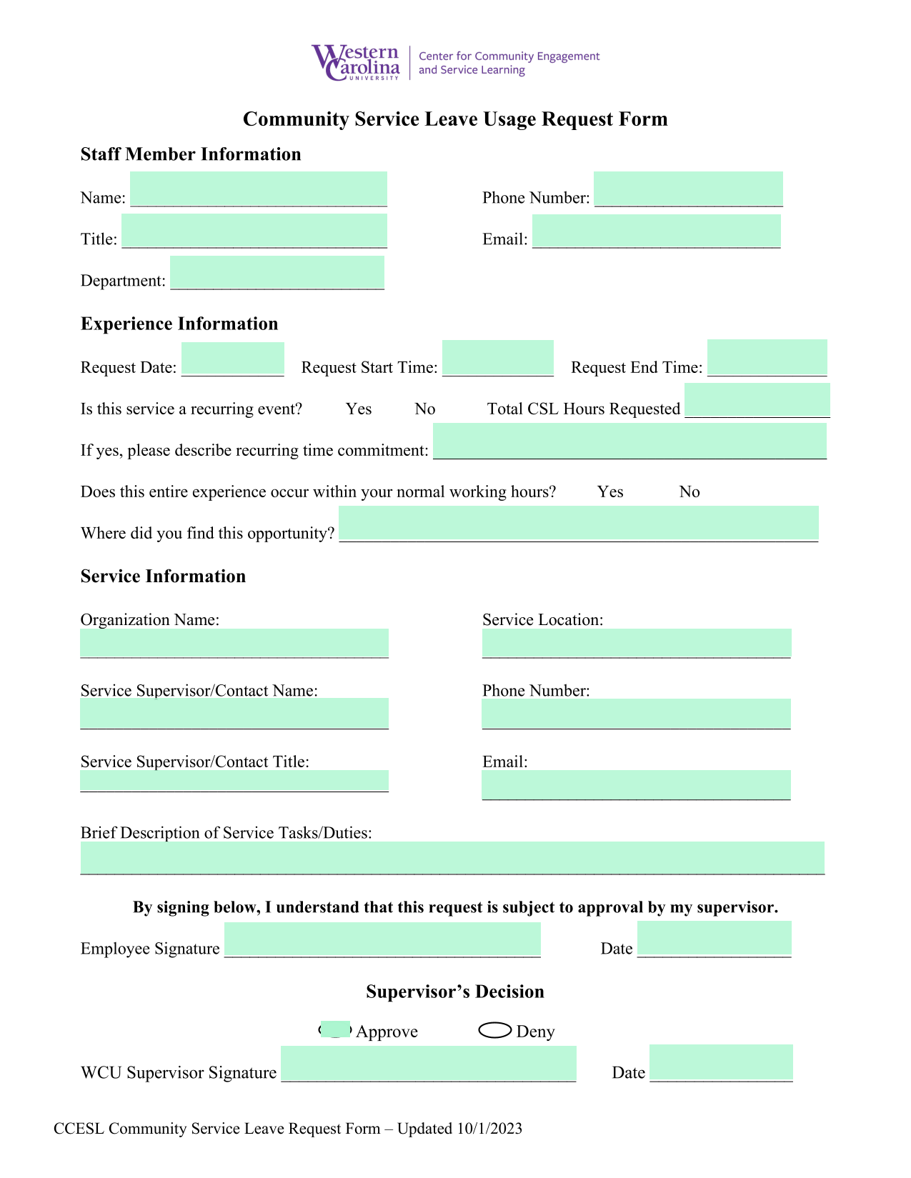 CCESL Community Service Leave Request Form screenshot