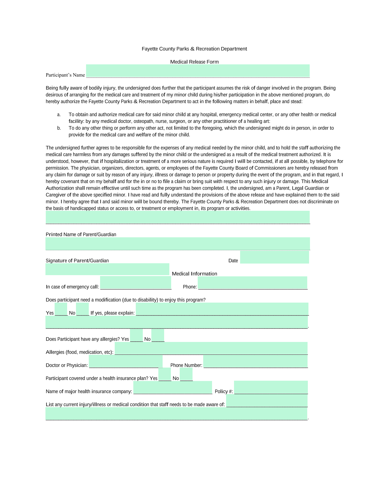 Medical Release Form screenshot