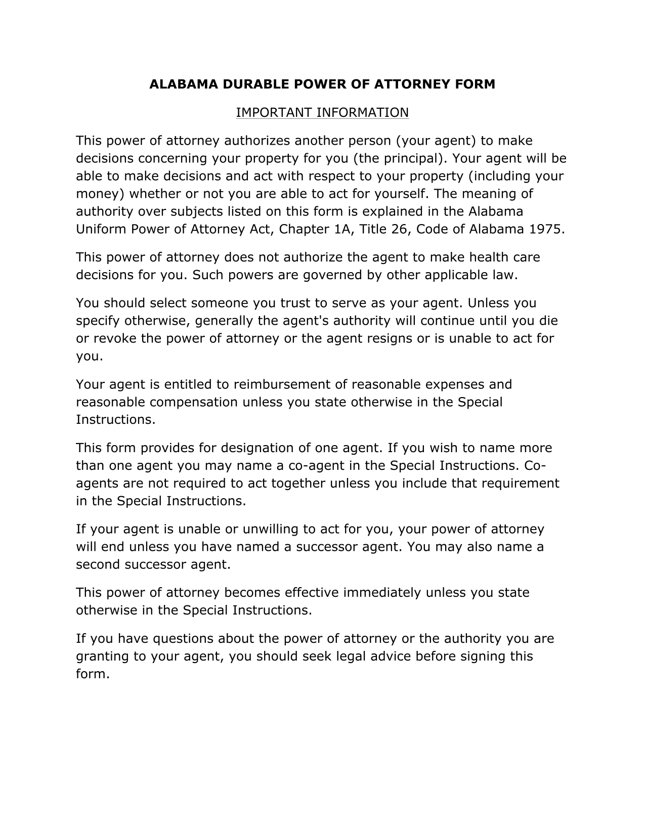 Alabama Durable Power Of Attorney Form screenshot