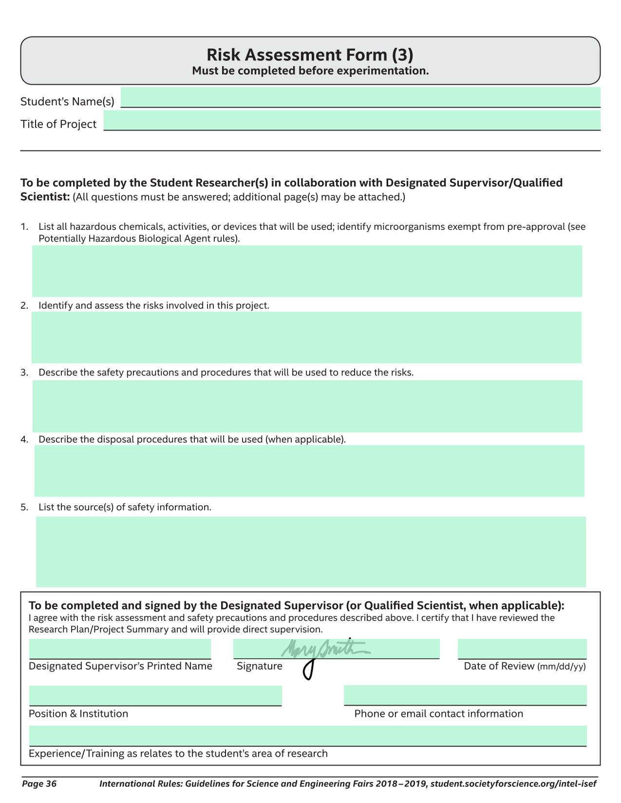 Risk Assessment Form screenshot