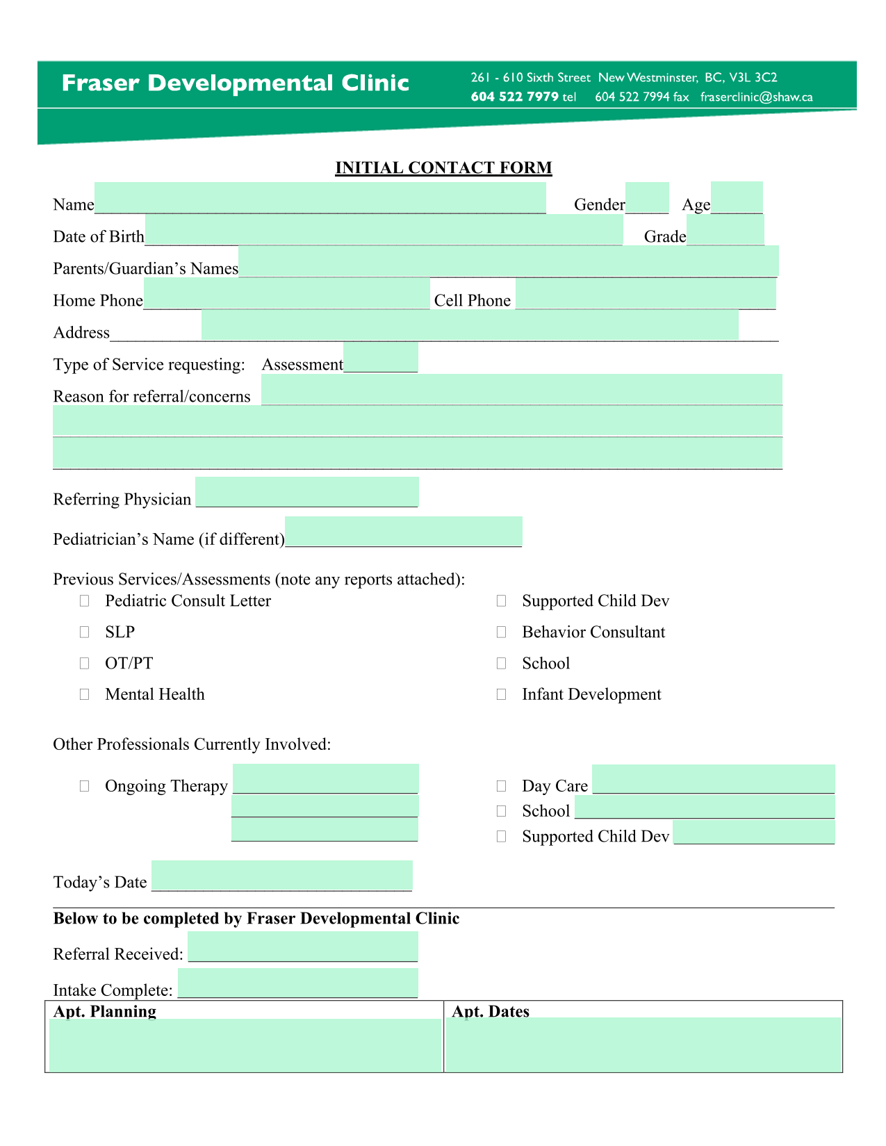 INITIAL CONTACT FORM screenshot