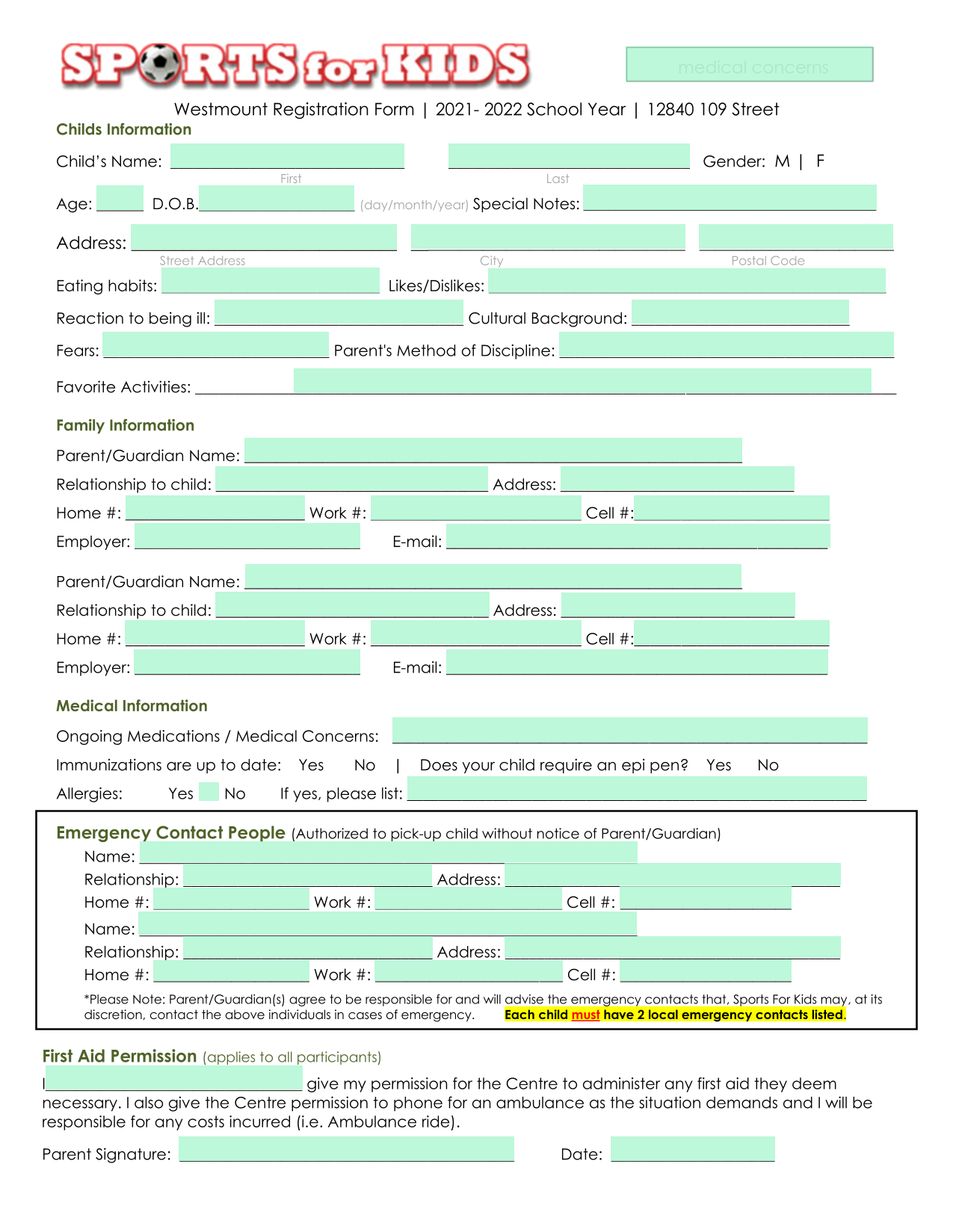 Westmount Registration Form screenshot